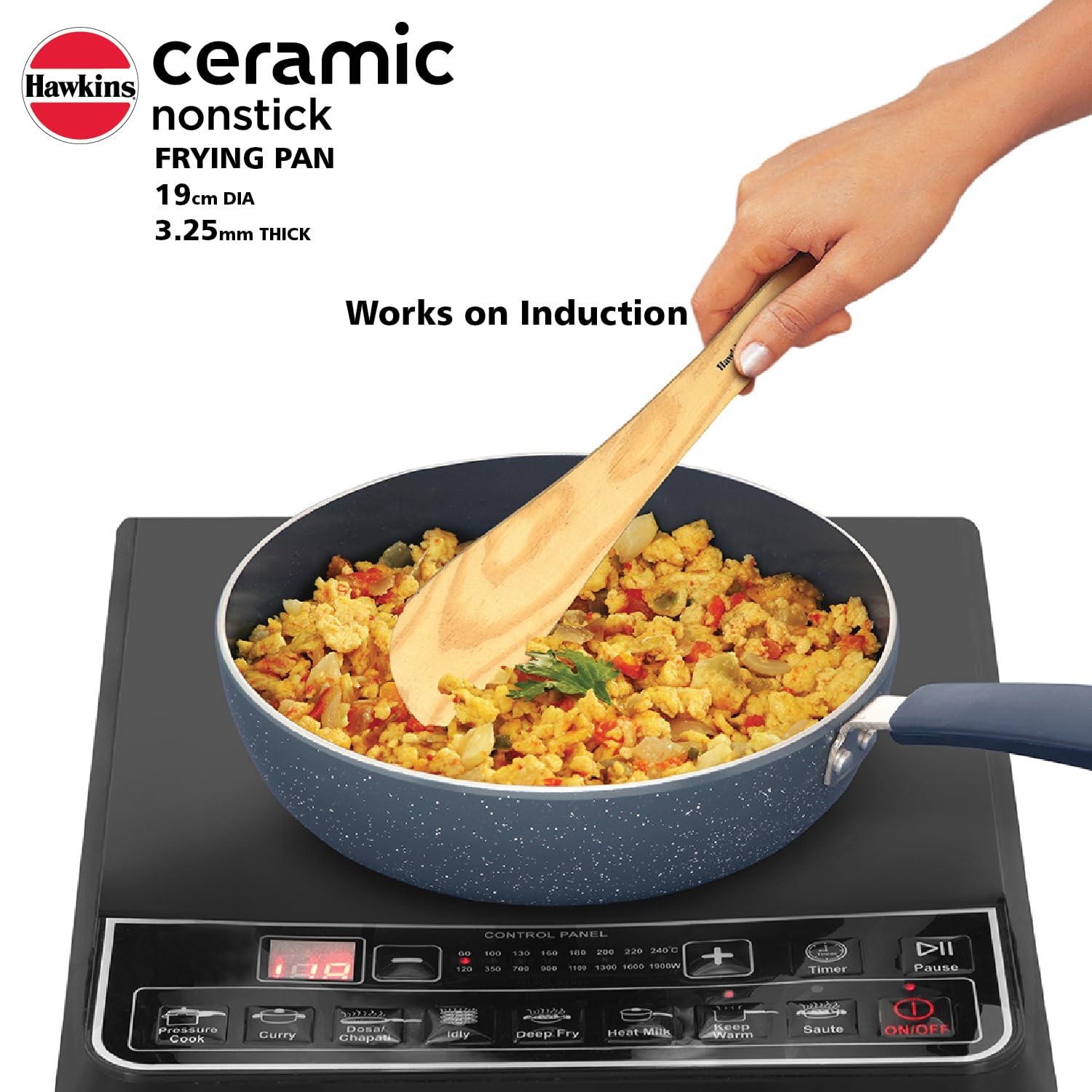 Hawkins Ceramic Nonstick Frying Pan, 19 cm Diameter, Induction Fry Pan with Glass Lid, Granite Omlette Egg Pan (ICF19G)