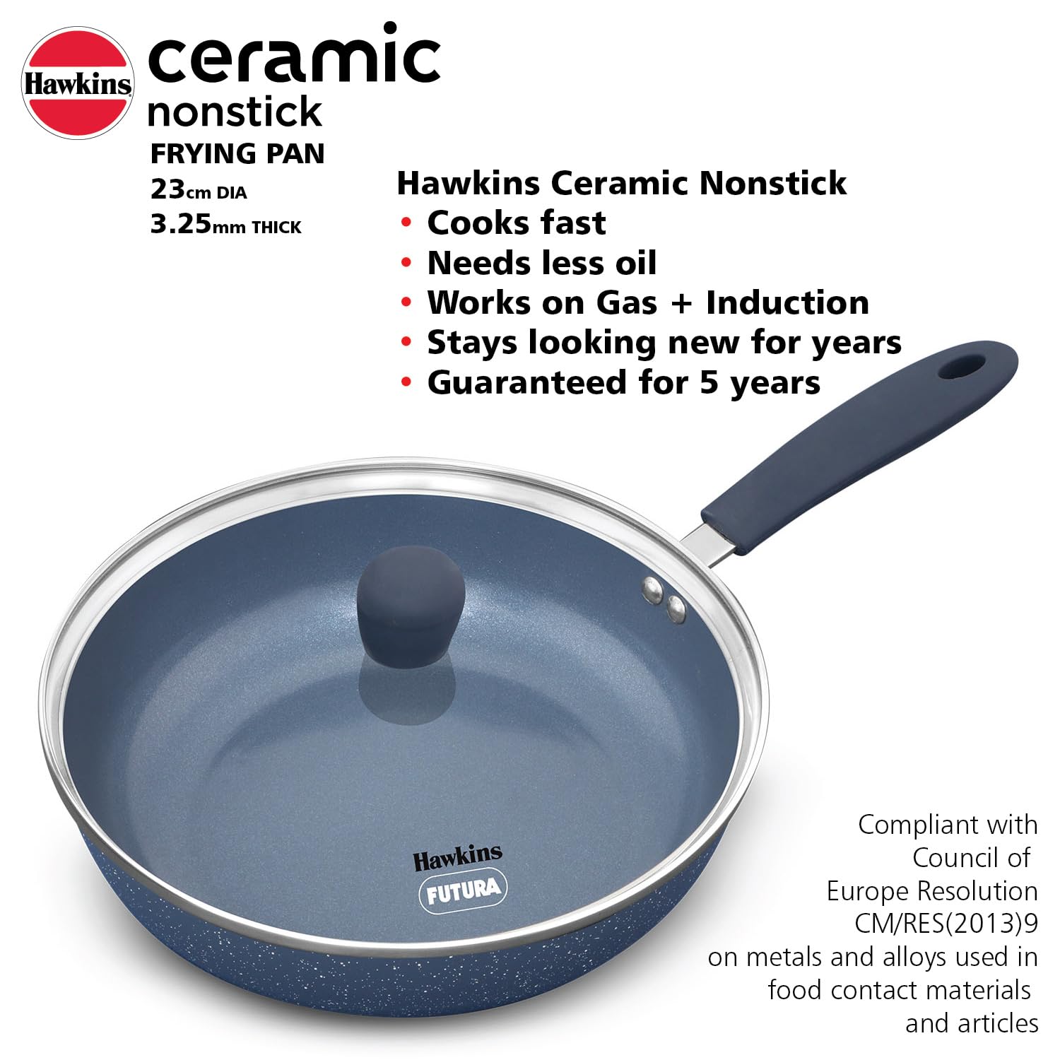 Hawkins Ceramic Nonstick Fry Pan, 23 cm Diameter, Induction Fry Pan with Glass Lid, Granite Omlette Egg Pan, Blue (ICF23G)
