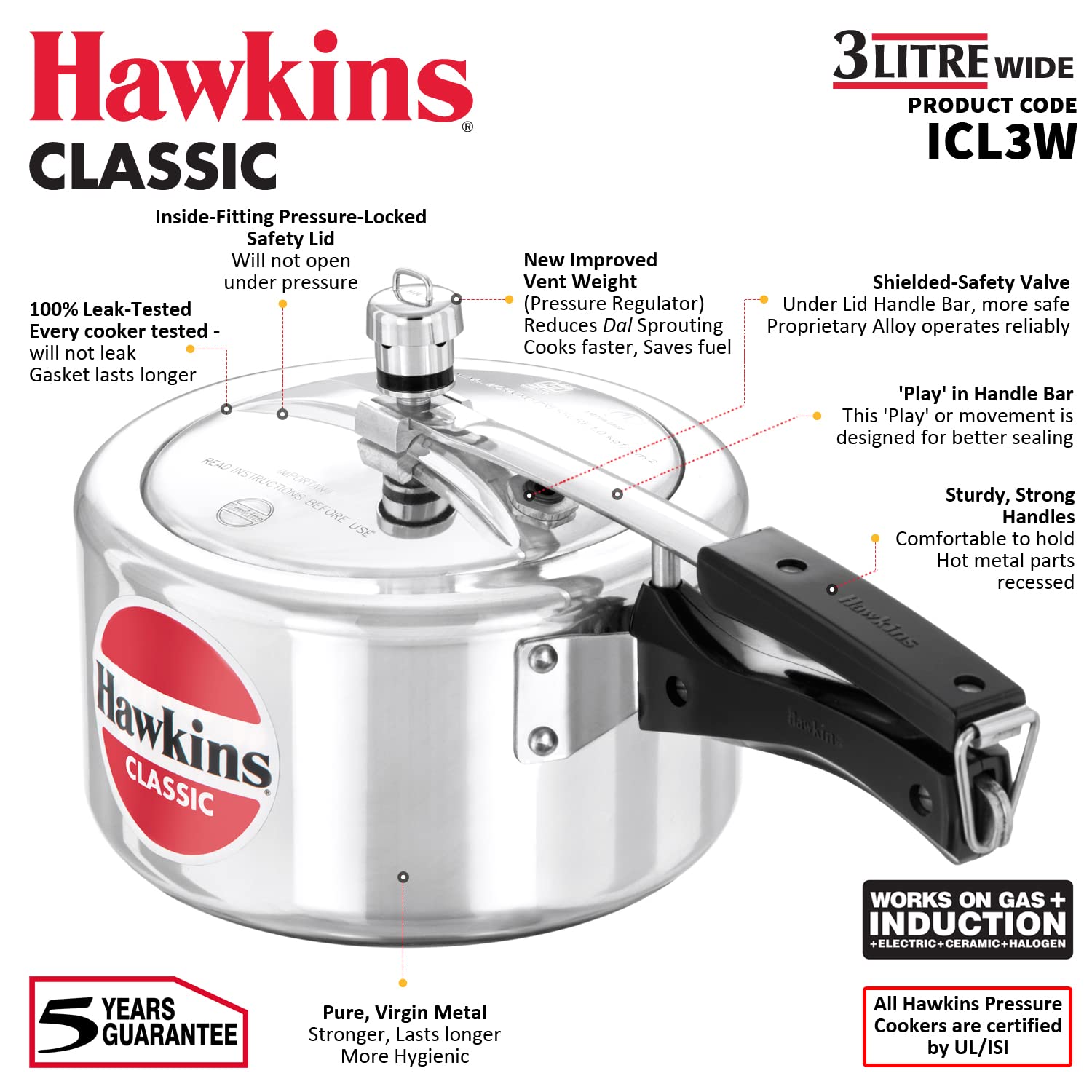 Hawkins Classic 3 Litre Inner Lid Aluminium Pressure Cooker, Induction Cooker, Wide Design Pan Cooker, Best Cooker, Silver (Icl3W), 3 Liter