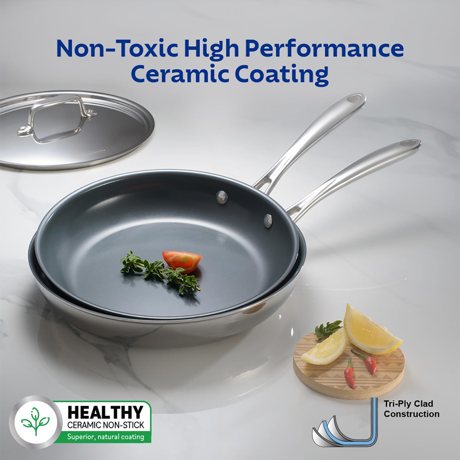 TRAMONTINA Fusao Healthy Triply Ceramic 20cm Frypan with SS 304 lid | Non Toxic (PFAS/PTFE/PFOA Free) Omlete Pan | Saute | Induction Friendly | Stay Cool Handle I 10 Year Warranty*