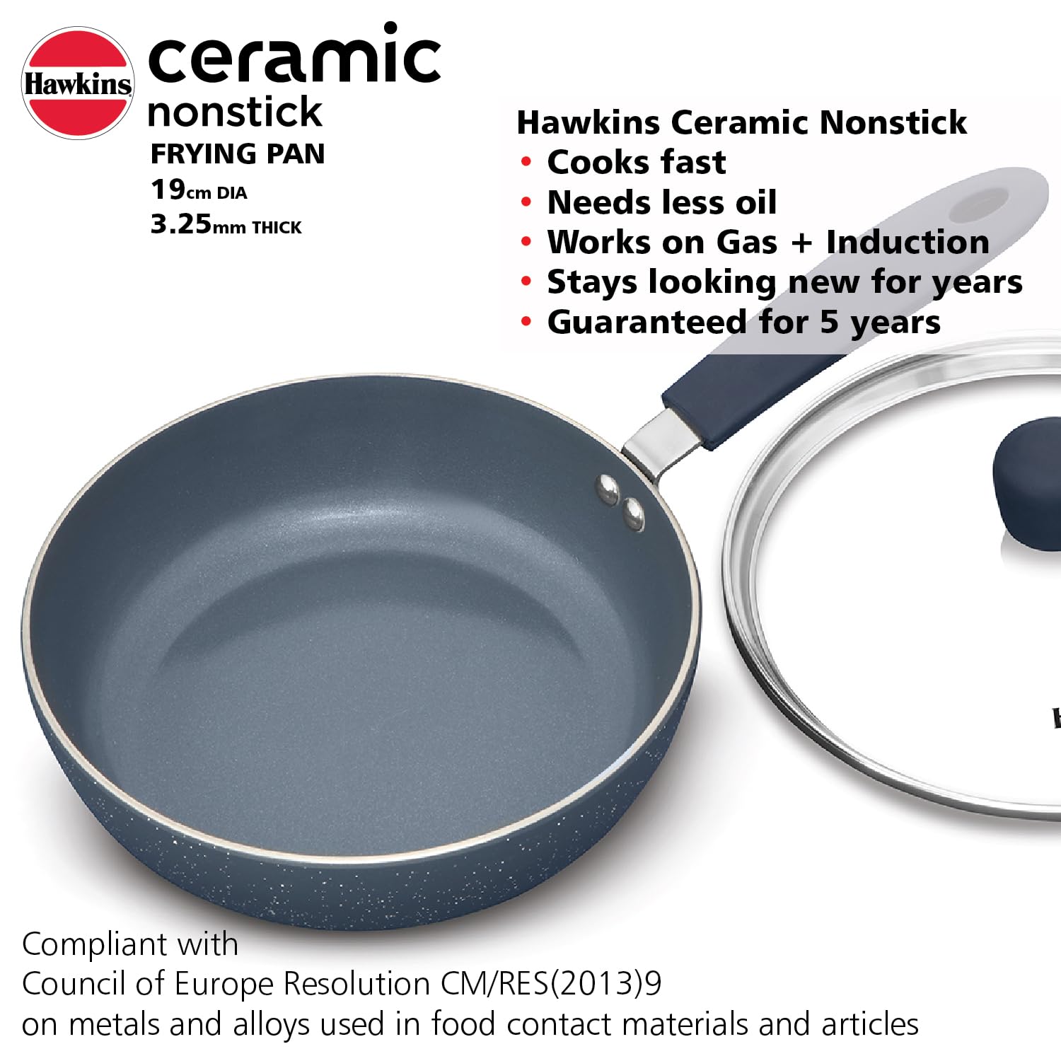 Hawkins Ceramic Nonstick Frying Pan, 19 cm Diameter, Induction Fry Pan with Glass Lid, Granite Omlette Egg Pan (ICF19G)