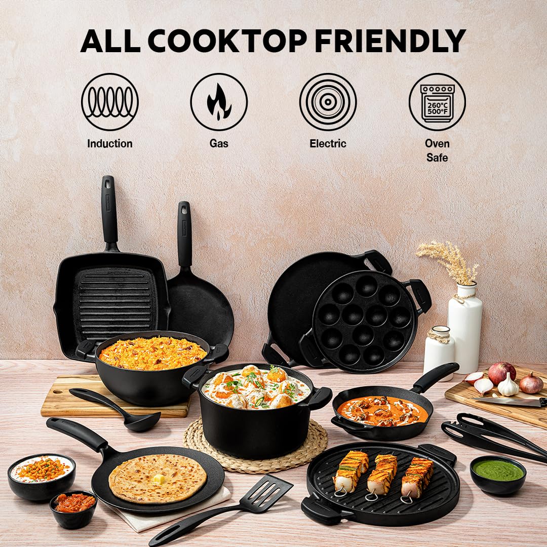 TRAMONTINA Titanex 30 cm Pre-Seasoned Cast Iron Deep Kadai – 6.8L, Non-Toxic, Induction Ready, Toughned Glass Lid w/Steam Release, Snap-On Cool Touch Grips, Excellent Heat Retention & Even Heating