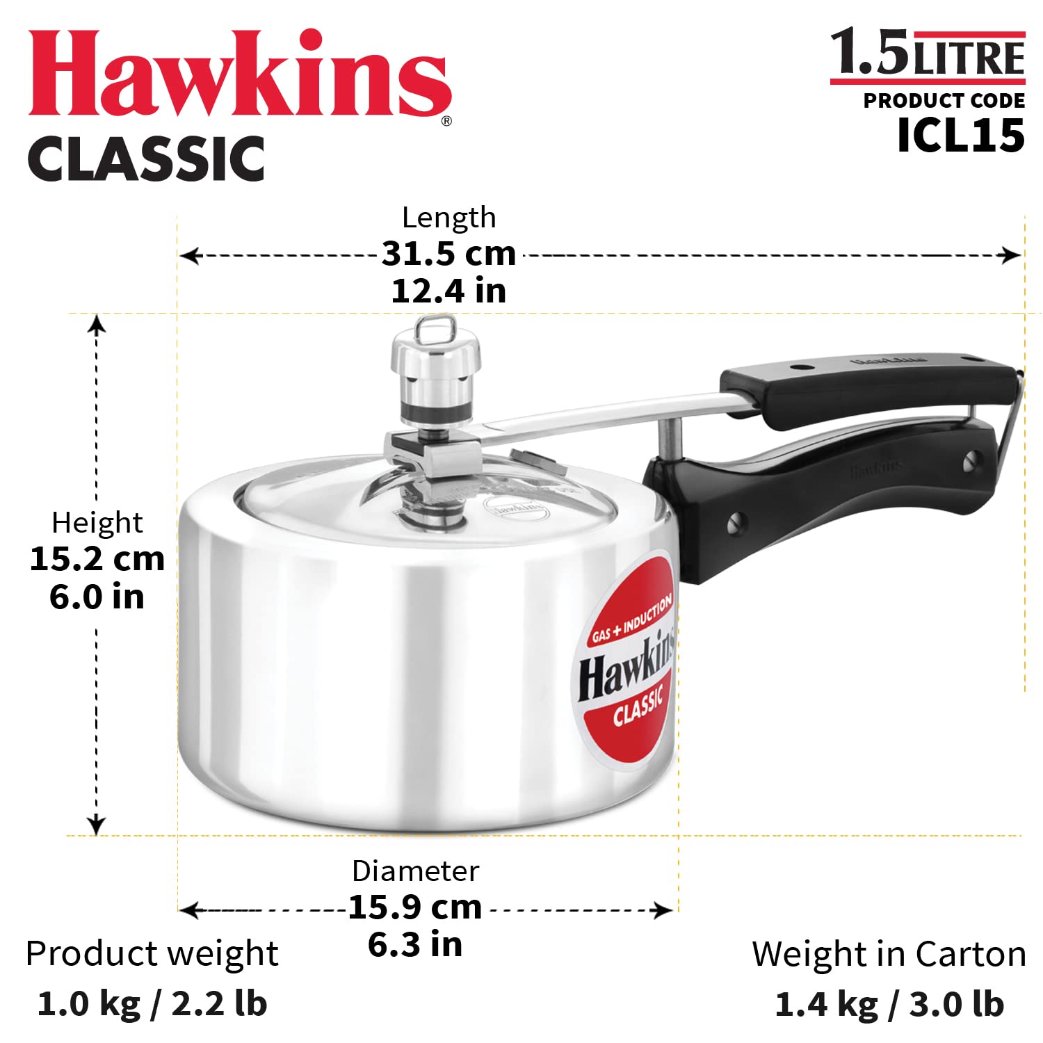 Hawkins 1.5 Litre Classic Pressure Cooker, Induction Inner Lid Cooker, Pan Cooker, Best Cooker, Silver (ICL15)