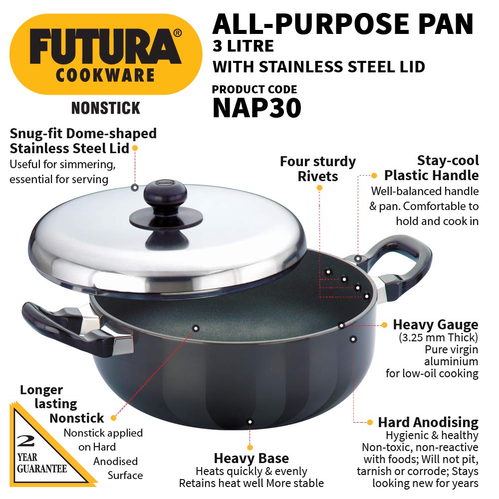 Hawkins Aluminium,Stainless Steel Futura Nonstick All-Purpose Pan 3Liter,22 Cm,3.25 Mm With Ss Lid(Black)