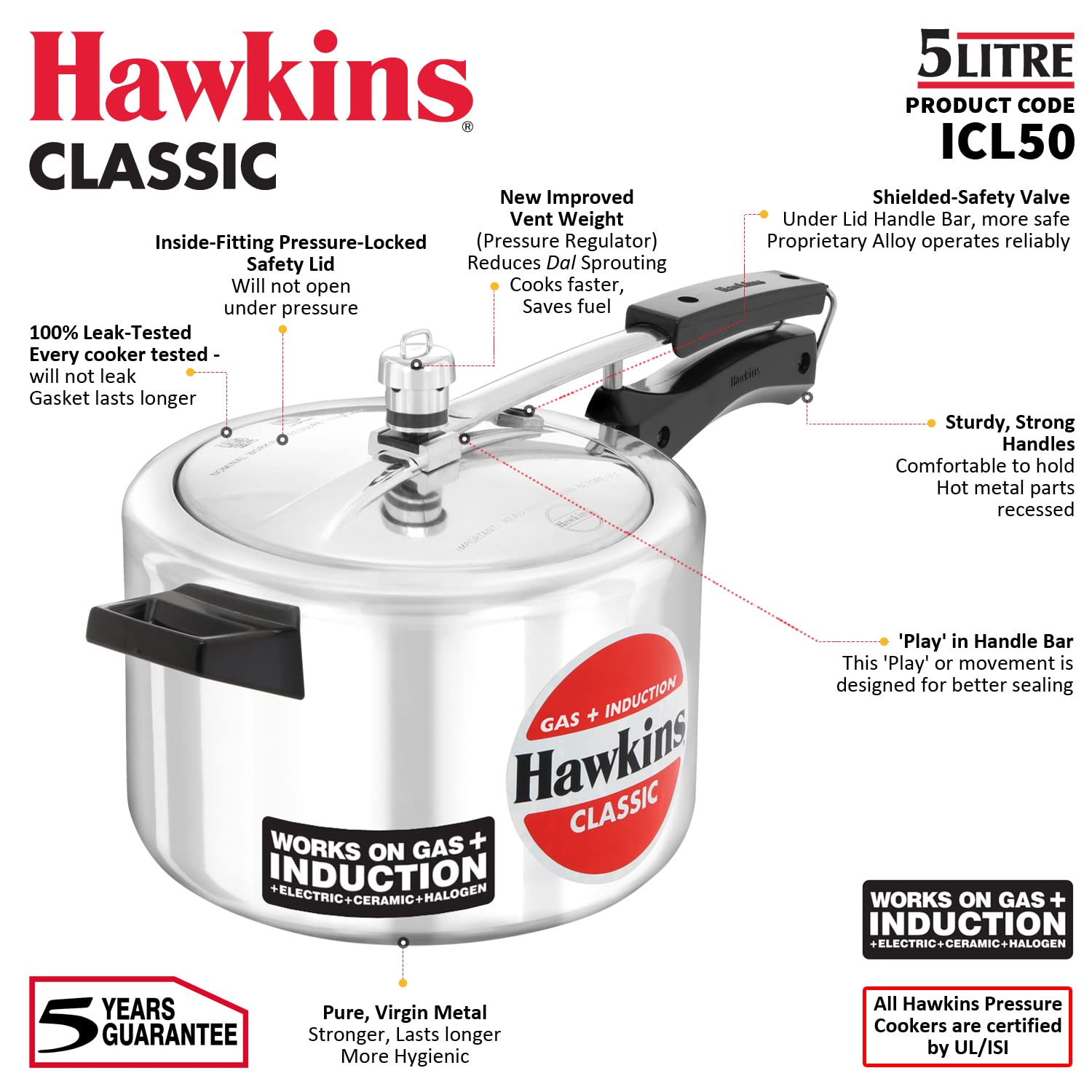 Hawkins Aluminium 5 Litre Classic Pressure Cooker, Induction Inner Lid Cooker, Pan Cooker, Best Cooker, Silver (Icl50)