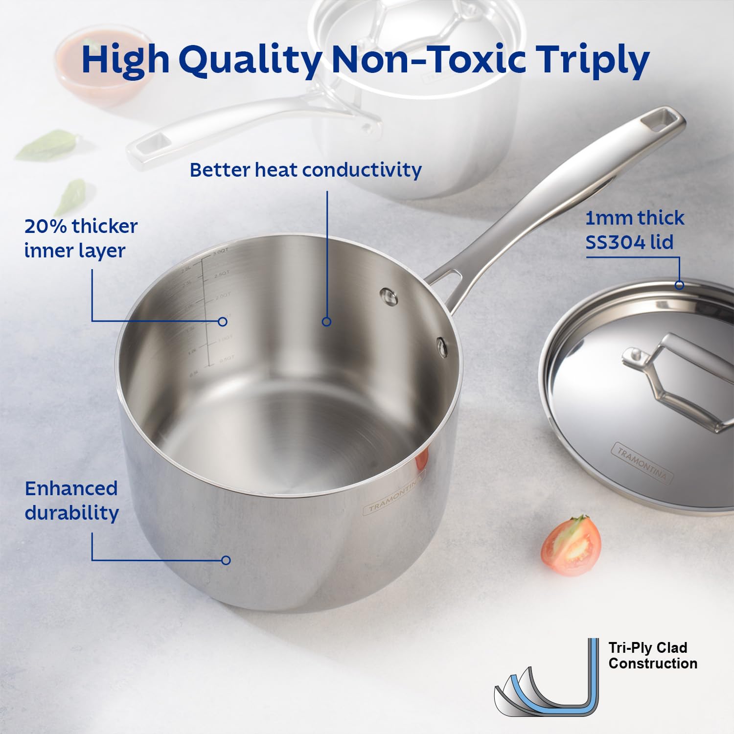 Tramontina Aeion Triply 16cm/2.1L Sauce Pan with SS 304 Lid | Healthy, Non Toxic | Milk Pan/Tea Pan | Induction Friendly | Stay Cool Handle | NSF Certified | 10 Year Warranty*