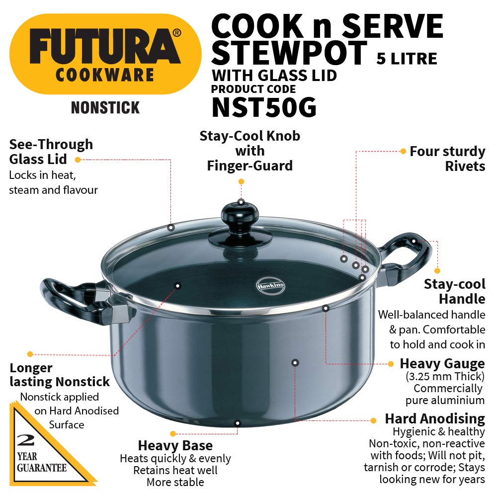 Hawkins Futura 5 Litre Cook N Serve Stewpot, Non Stick Pot with Glass Lid, Cooking Pot with Lid, Black (Nst50G), 5 Liter