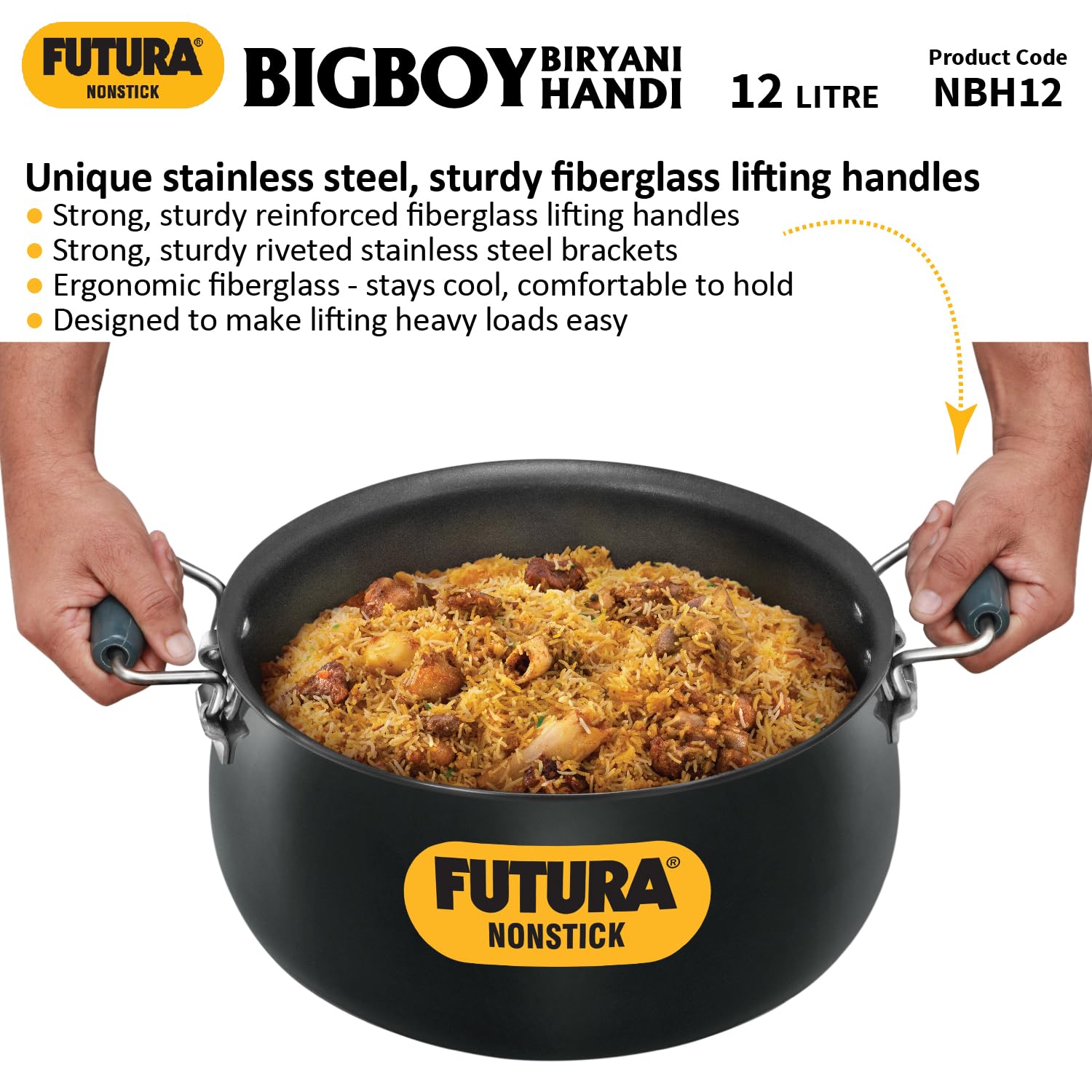 Hawkins Futura 12 Litre BigBoy Biryani Handi, Non Stick Pot with Hard Anodised Lid, Sauce Pan for Cooking and Serving Biriyani, Black (NBH12) Aluminium