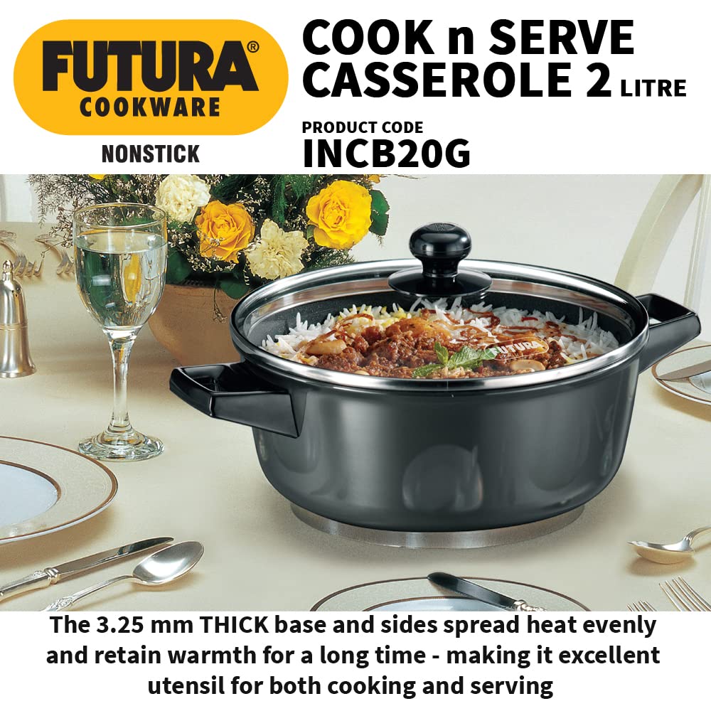 Hawkins Futura 2 Litre Cook N Serve Casserole, Non Stick Saucepan with Glass Lid, Induction Sauce Pan for Cooking and Serving, Black (Incb20G), 2 Liter