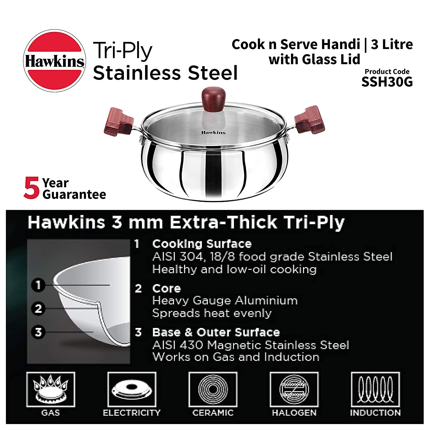 Hawkins 2 Litre Cook n Serve Handi, Triply Stainless Steel Handi with Glass Lid, Induction Sauce Pan, Biryani Handi, Saucepan, Silver (SSH20G)