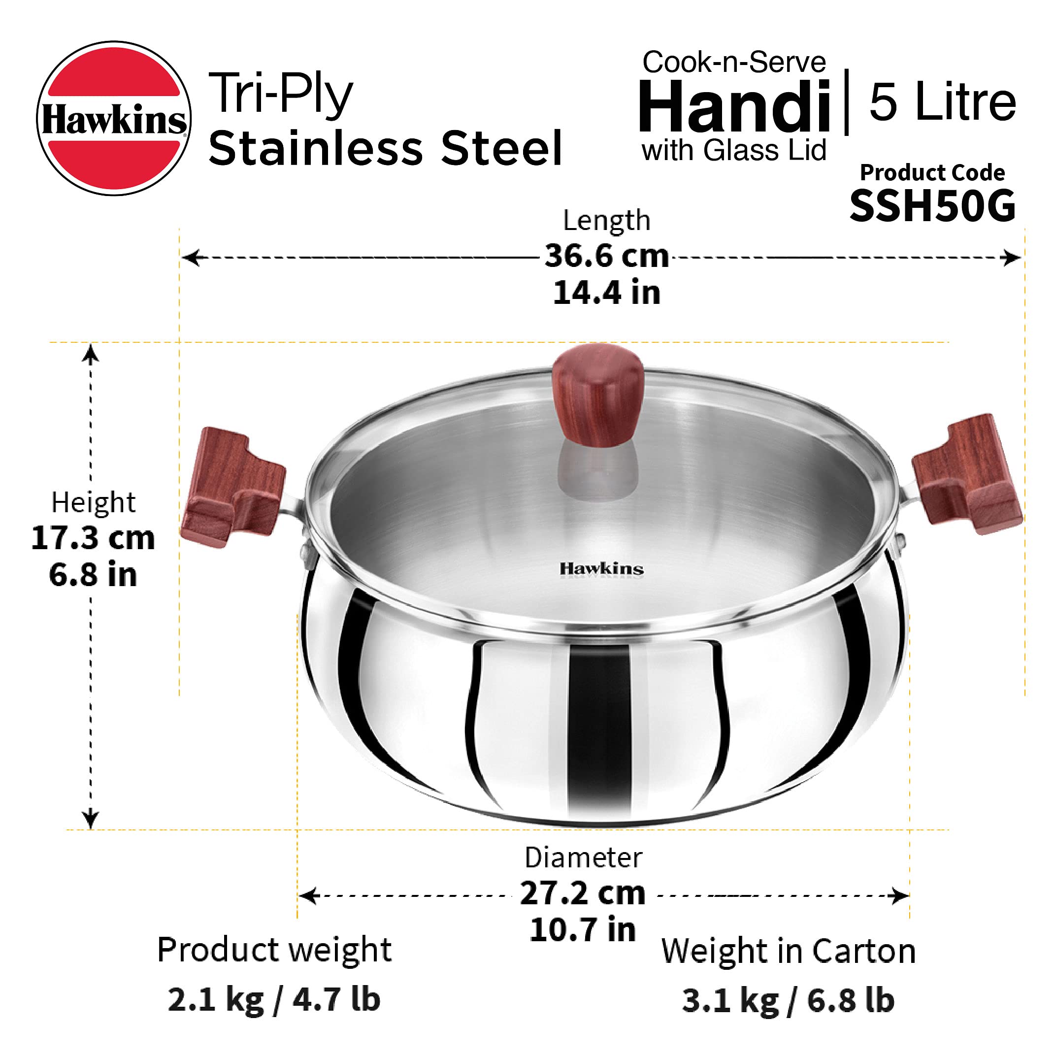 Hawkins 5 Litre Cook n Serve Handi, Triply Stainless Steel Handi with Glass Lid, Induction Sauce Pan, Biryani Handi, Saucepan, Silver (SSH50G)