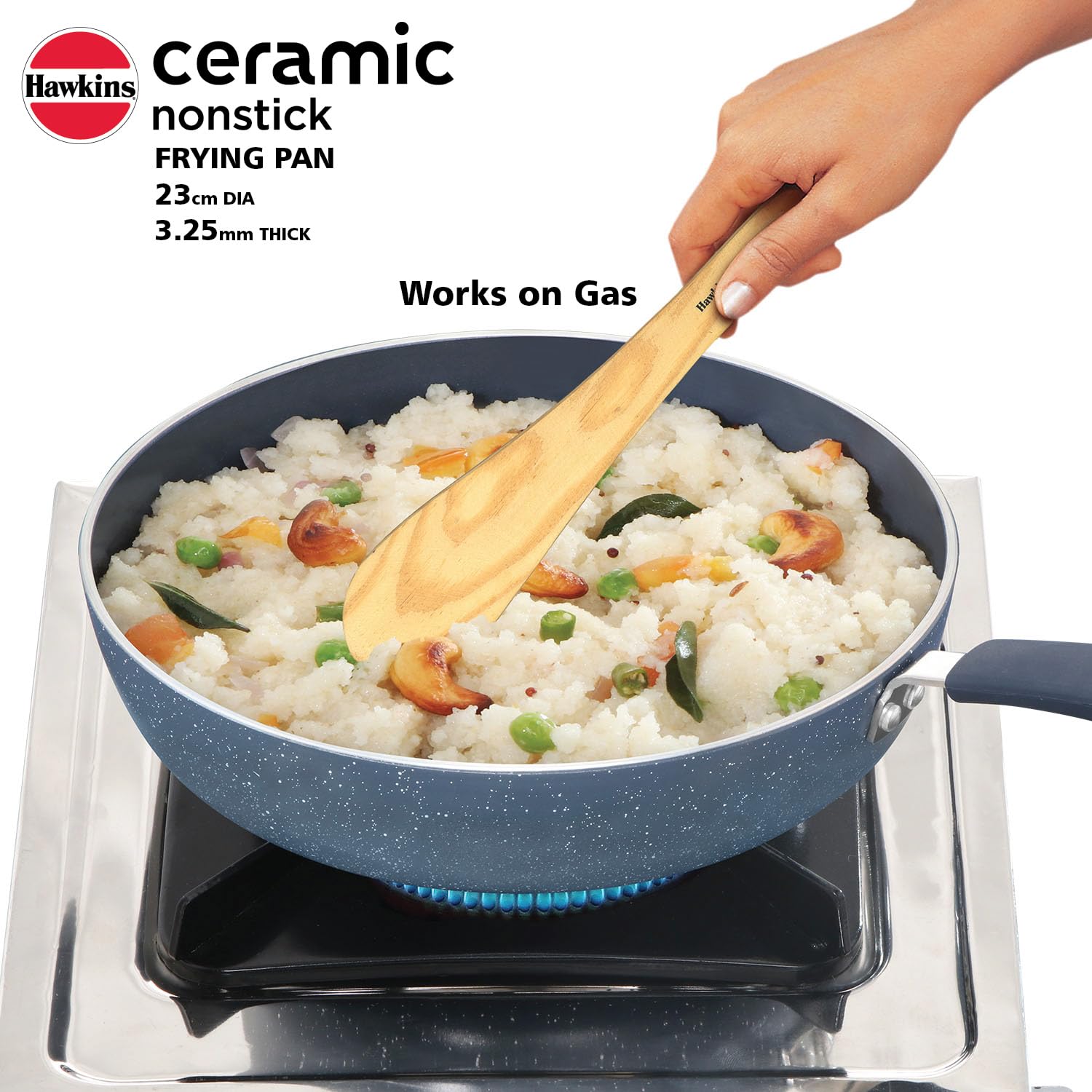 Hawkins Ceramic Nonstick Fry Pan, 23 cm Diameter, Induction Fry Pan with Glass Lid, Granite Omlette Egg Pan, Blue (ICF23G)