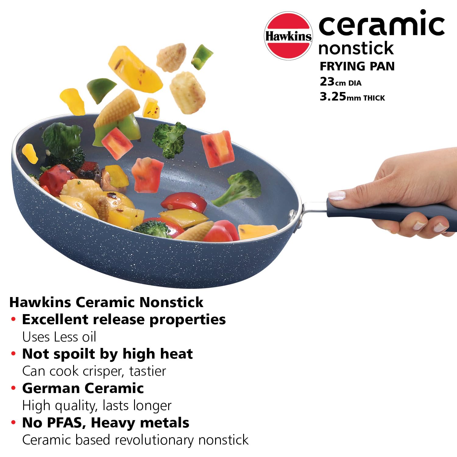 Hawkins Ceramic Nonstick Fry Pan, 23 cm Diameter, Induction Fry Pan with Glass Lid, Granite Omlette Egg Pan, Blue (ICF23G)