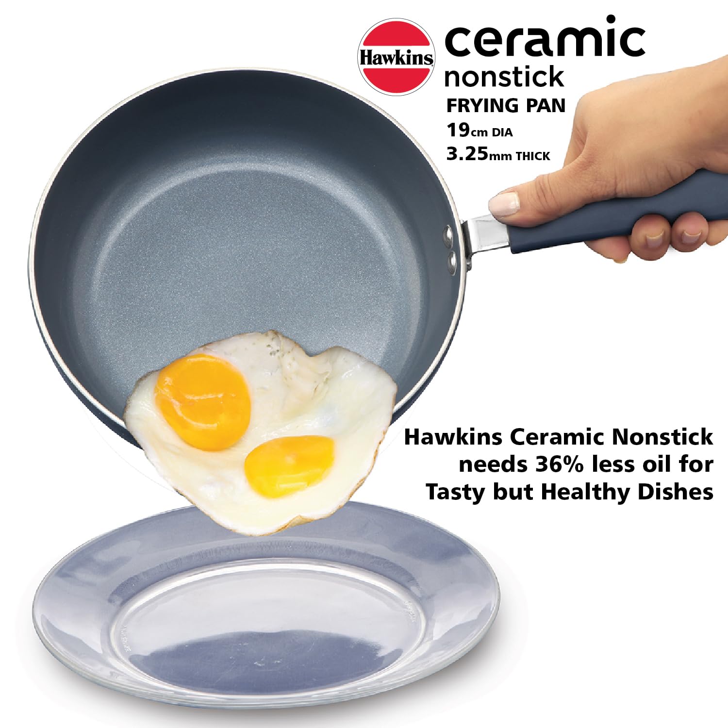 Hawkins Ceramic Nonstick Frying Pan, 19 cm Diameter, Induction Fry Pan with Glass Lid, Granite Omlette Egg Pan (ICF19G)