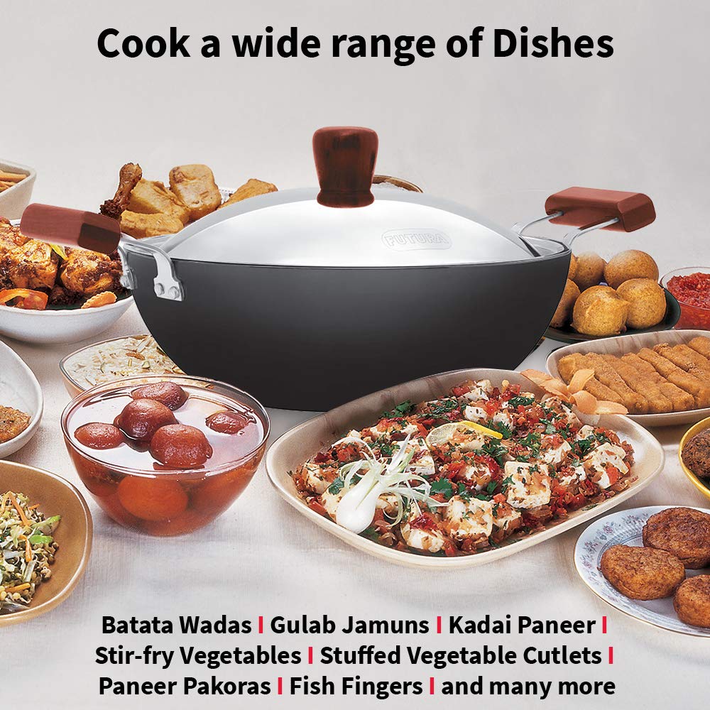 Hawkins Futura 3.5 Litre Deep Kadhai, Non Stick Kadai with Stainless Steel Lid, Flat Bottom Induction Kadhai, Black (INK35S)