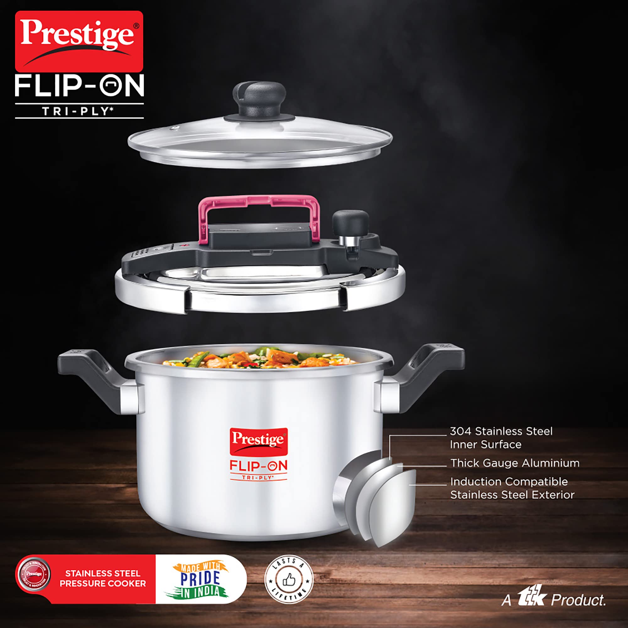 Prestige 5 Litre Flip On Triply Stainless Steel Pressure Cooker with G ...