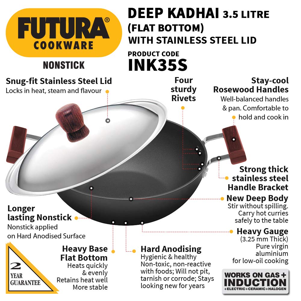 Hawkins Futura 3.5 Litre Deep Kadhai, Non Stick Kadai with Stainless Steel Lid, Flat Bottom Induction Kadhai, Black (INK35S)