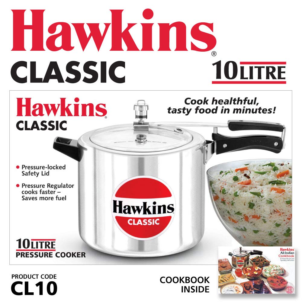 Hawkins Aluminium 10 Litre Classic Pressure Cooker, Best Inner Lid Cooker, Big Pressure Cooker, Silver (Cl10)