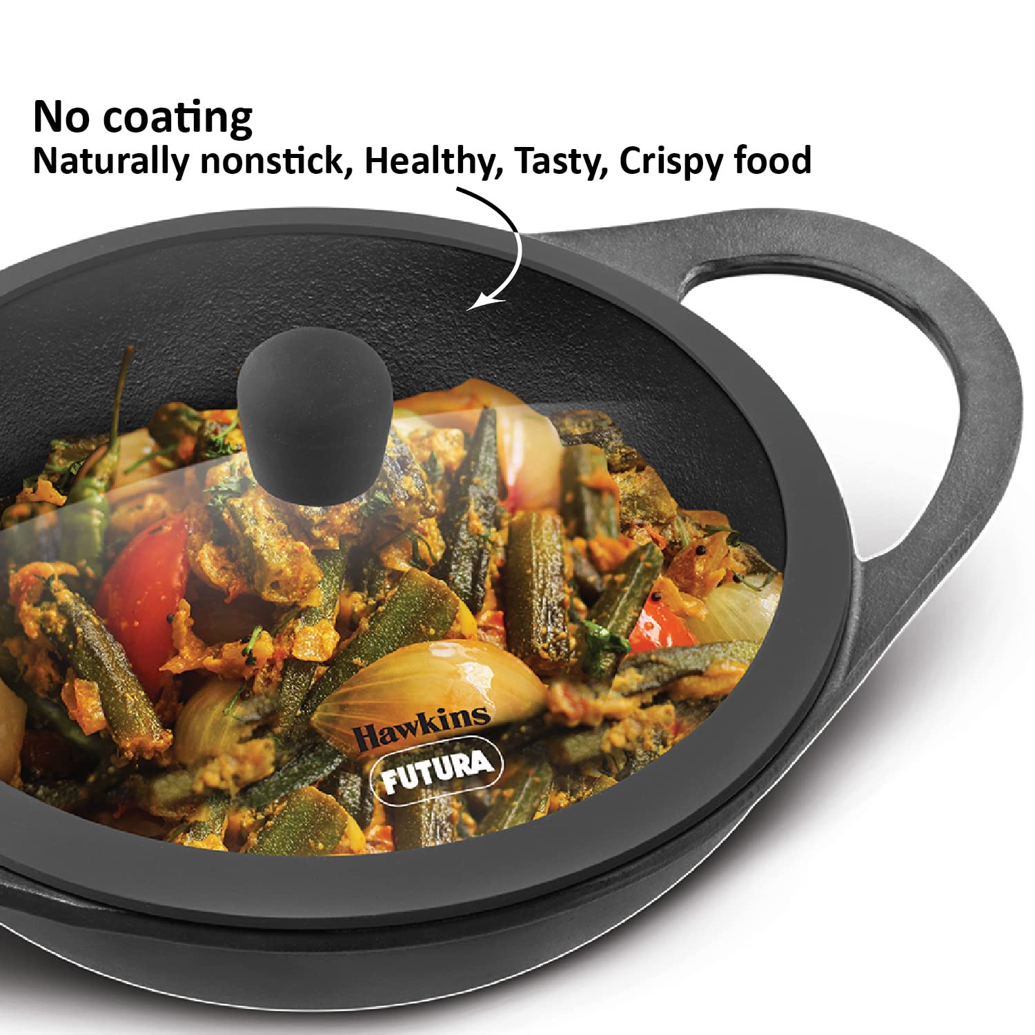 Hawkins Futura 2 Litre Cast Iron Kadhai, Naturally Nonstick Cast Iron Kadai with Glass Lid, Cast Iron Cookware for Kitchen, Black (CIK20G)