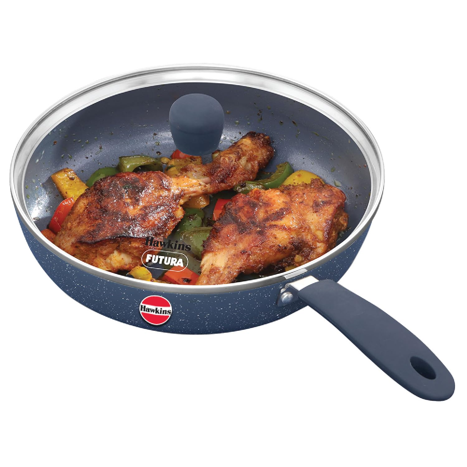 Hawkins Ceramic Nonstick Fry Pan, 23 cm Diameter, Induction Fry Pan with Glass Lid, Granite Omlette Egg Pan, Blue (ICF23G)