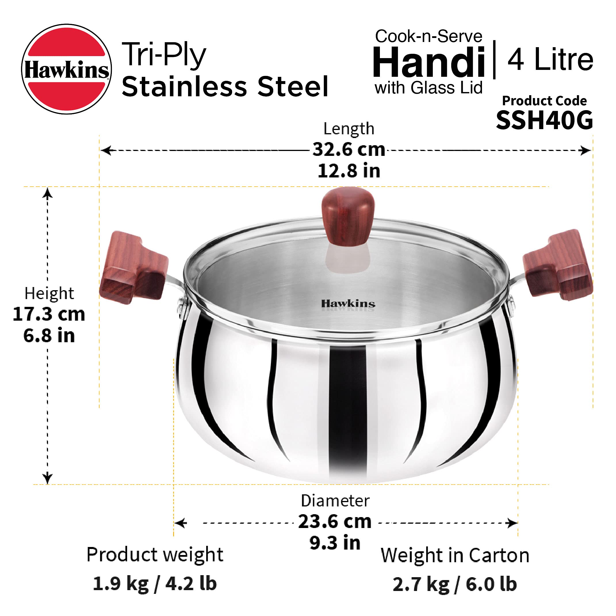 Hawkins 4 Litre Cook n Serve Handi, Triply Stainless Steel Handi with Glass Lid, Induction Sauce Pan, Biryani Handi, Saucepan, Silver (SSH40G)