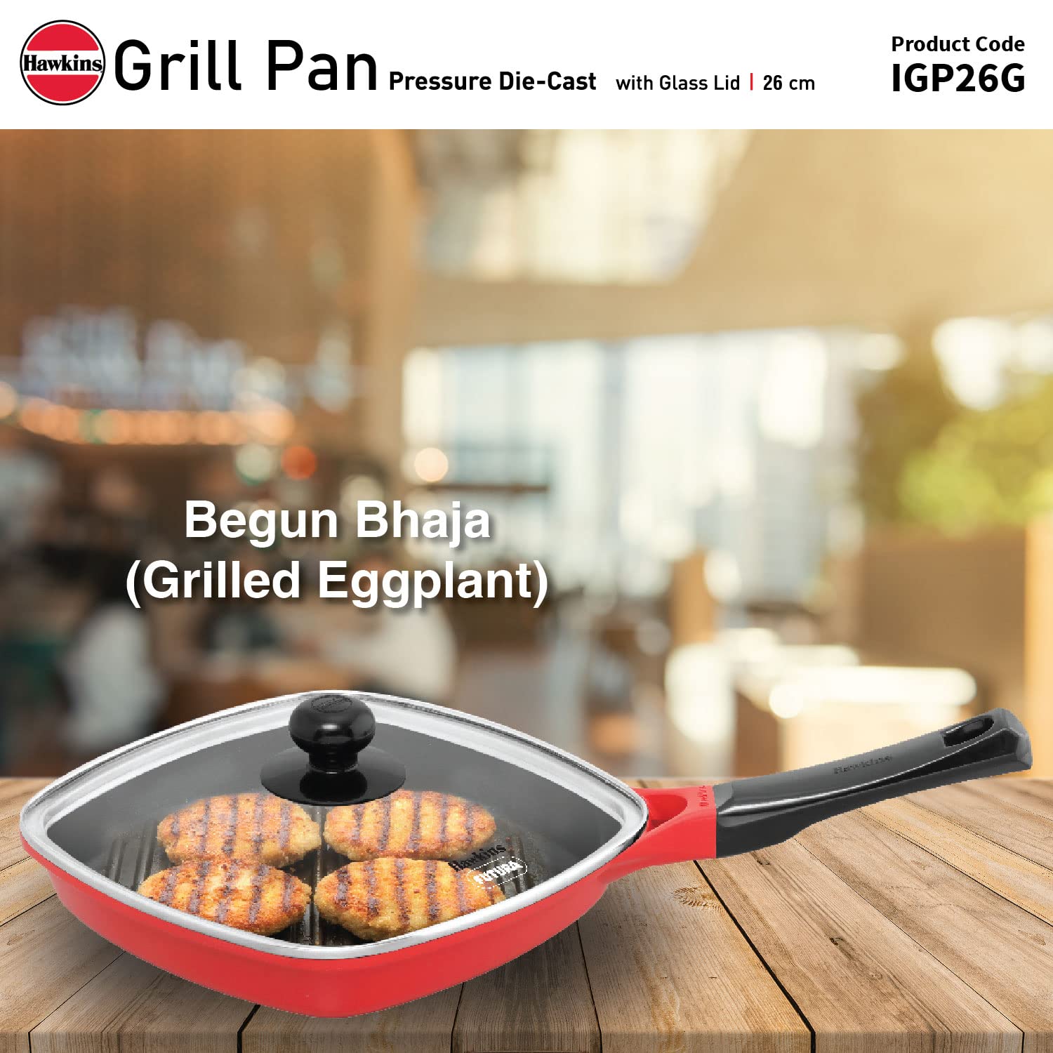 Hawkins 26 cm Grill Pan, Non Stick Die Cast Grilling Pan with Glass Lid, Square Grill Pan for Gas Stove, Ceramic Coated Pan, Roast Pan, Red (IGP26G)