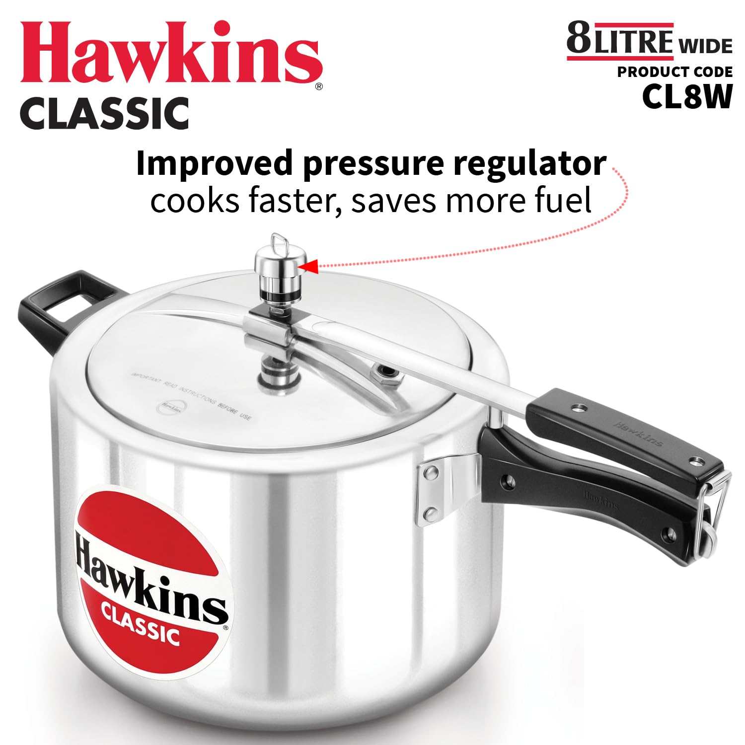 Hawkins Classic 8 Litre Aluminium Inner Lid Pressure Cooker, Wide Design Pan Cooker, Big Cooker, Silver (CL8W)