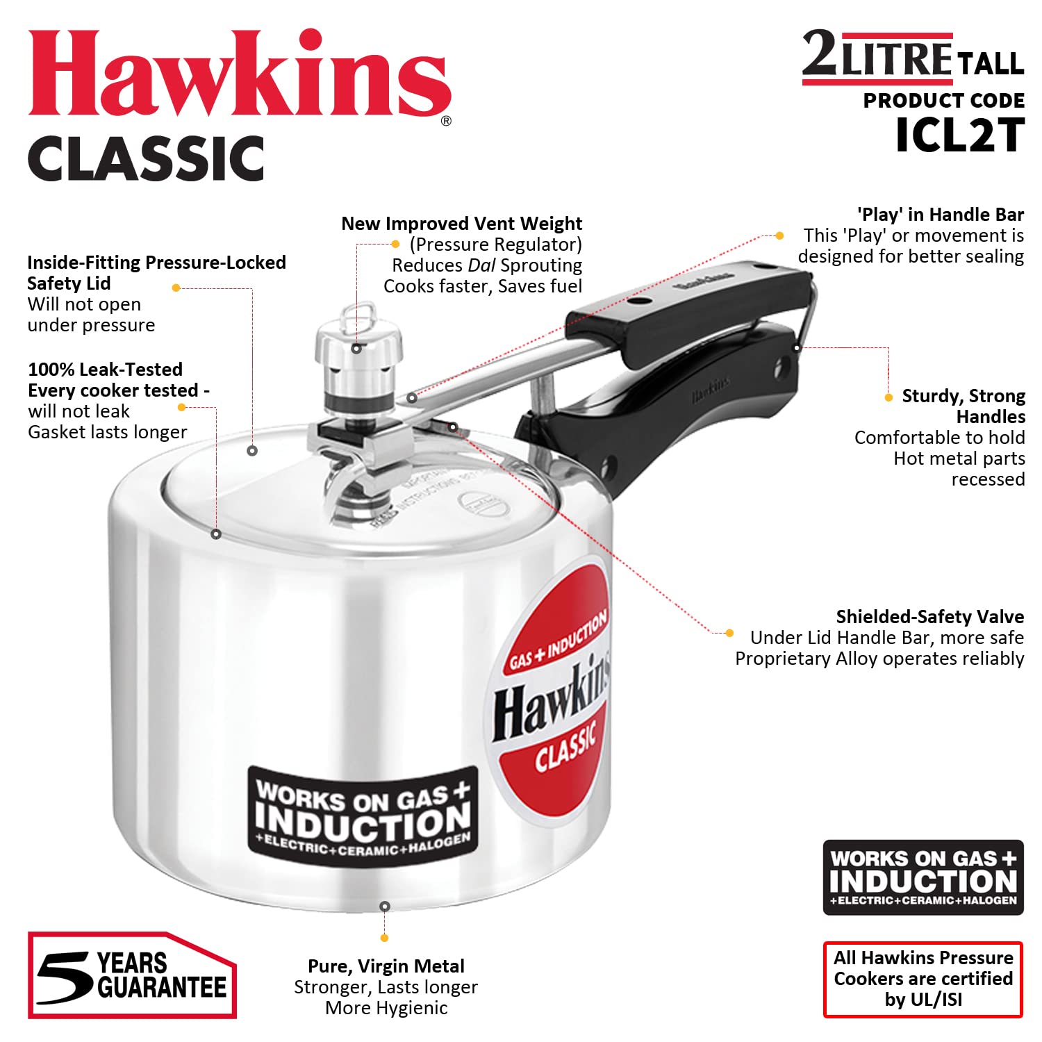 Hawkins Aluminium 2 Litre Classic Pressure Cooker, Tall Design, Induction Inner Lid Cooker, Pan Cooker, Best Cooker, Silver (Icl2T)