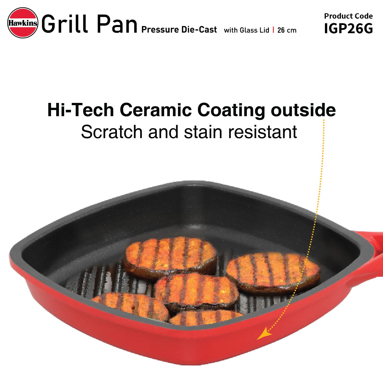 Hawkins 26 cm Grill Pan, Non Stick Die Cast Grilling Pan with Glass Lid, Square Grill Pan for Gas Stove, Ceramic Coated Pan, Roast Pan, Red (IGP26G)