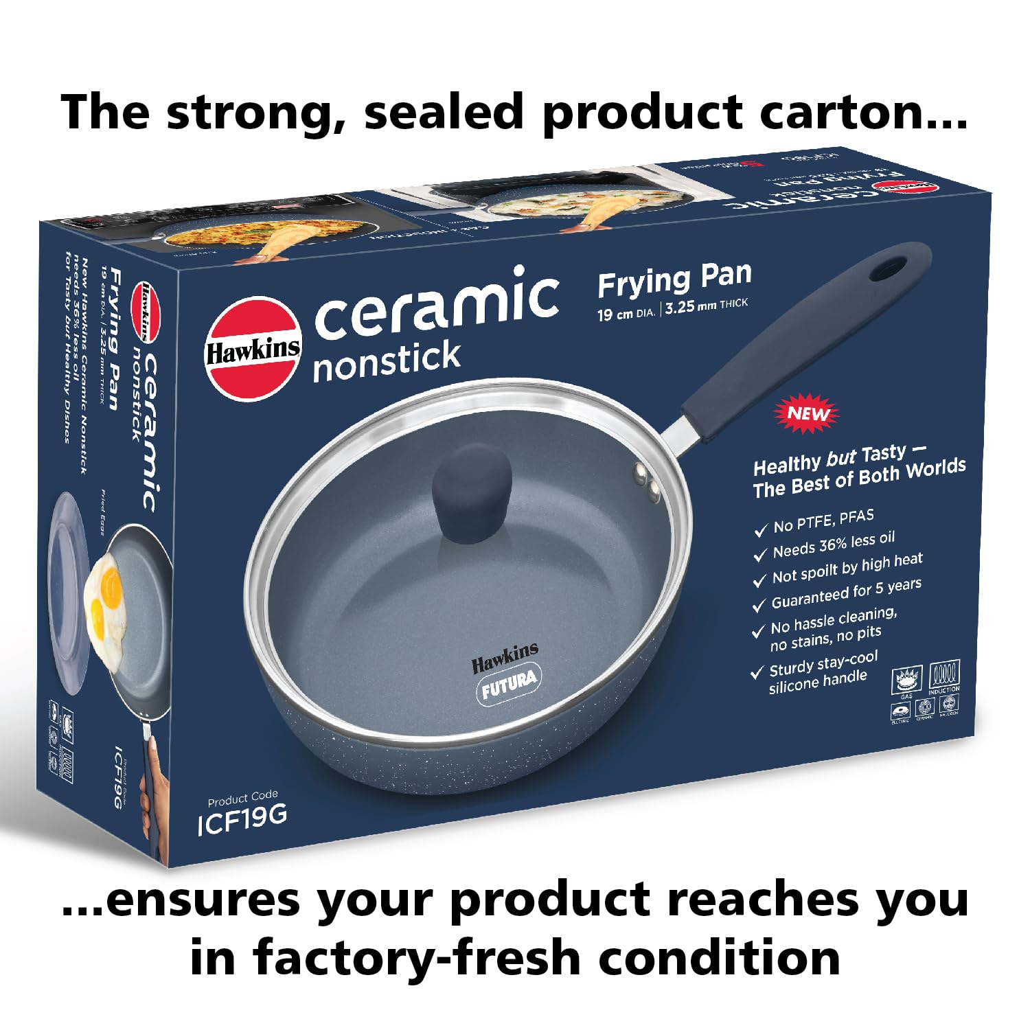 Hawkins Ceramic Nonstick Frying Pan, 19 cm Diameter, Induction Fry Pan with Glass Lid, Granite Omlette Egg Pan (ICF19G)