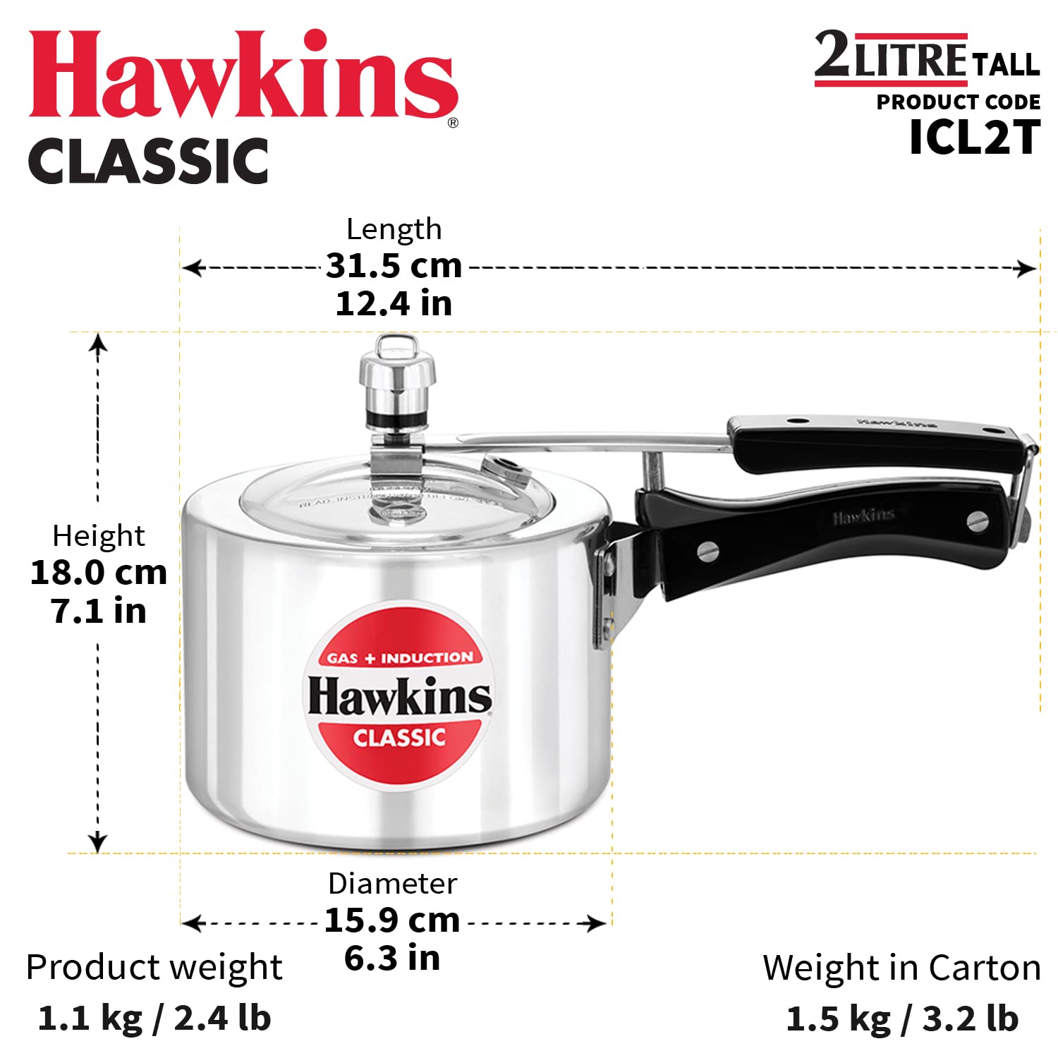 Hawkins Aluminium 2 Litre Classic Pressure Cooker, Tall Design, Induction Inner Lid Cooker, Pan Cooker, Best Cooker, Silver (Icl2T)