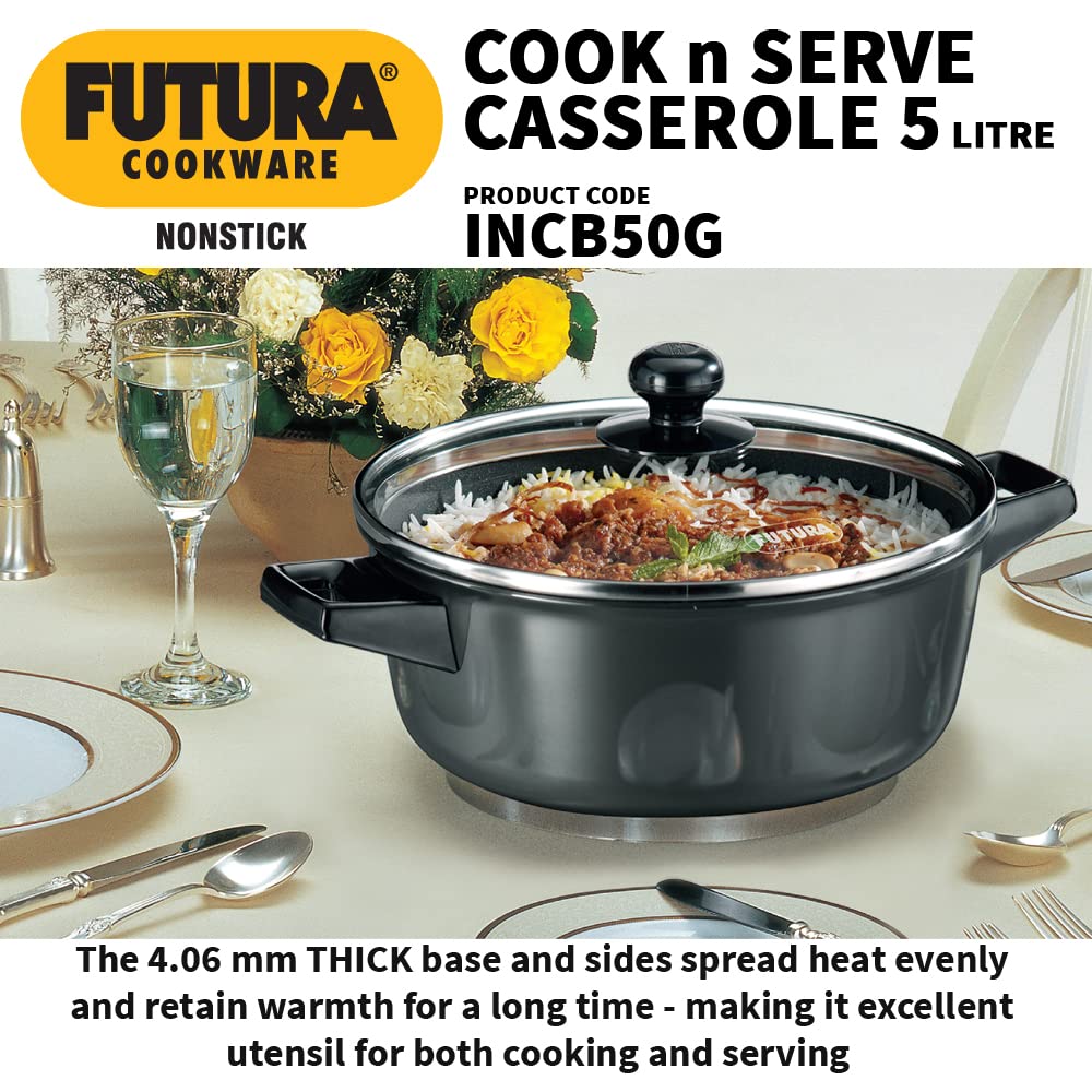 Hawkins Futura 5 Litre Cook n Serve Casserole, Non Stick Saucepan with Glass Lid, Induction Sauce Pan for Cooking and Serving, Black (INCB50G)