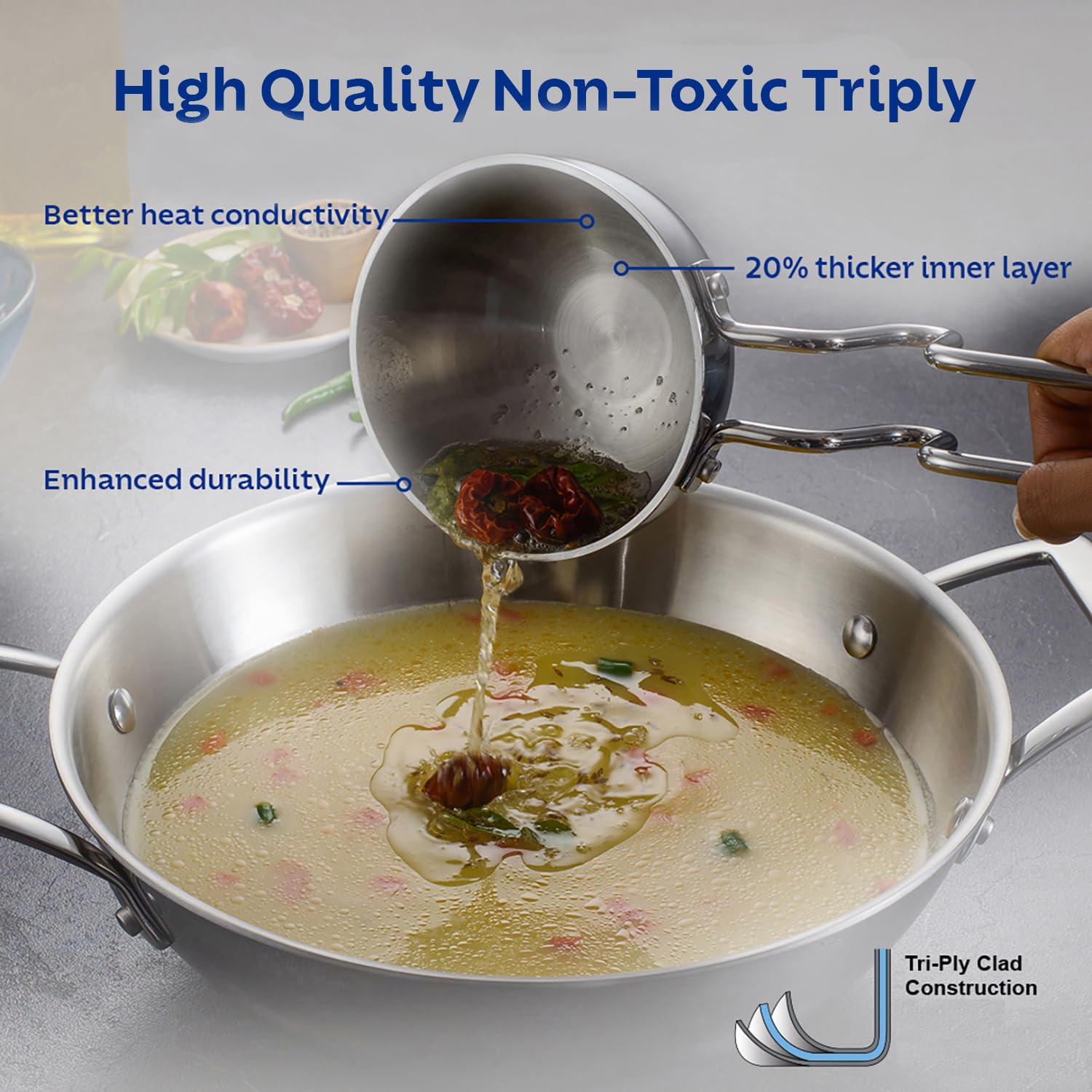 TRAMONTINA Aeion Triply 10cm Tadka Pan | Healthy, Non Toxic | Tempering Pan | Spice Tadka | Stay Cool Handle | NSF Certified | 10 Year Warranty*