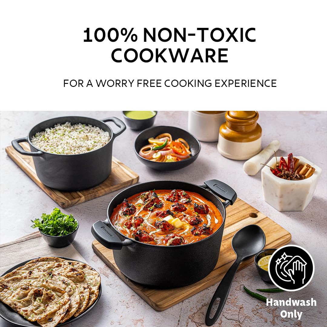 Tramontina Titanex 24 cm Pre-Seasoned Cast Iron Biryani Pot – 4.9L, Non-Toxic, Induction Ready, Toughned Glass Lid with Steam Release, Snap-On Cool Touch Grips, Excellent Heat Retention & Even Heating