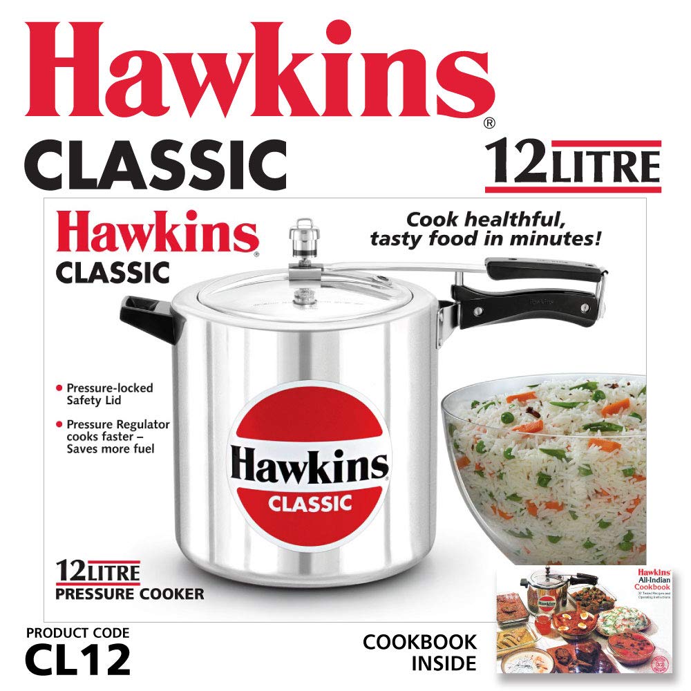 Hawkins 12 Litre Classic Pressure Cooker, Best Inner Lid Cooker, Big Pressure Cooker, Silver (CL12) Aluminium