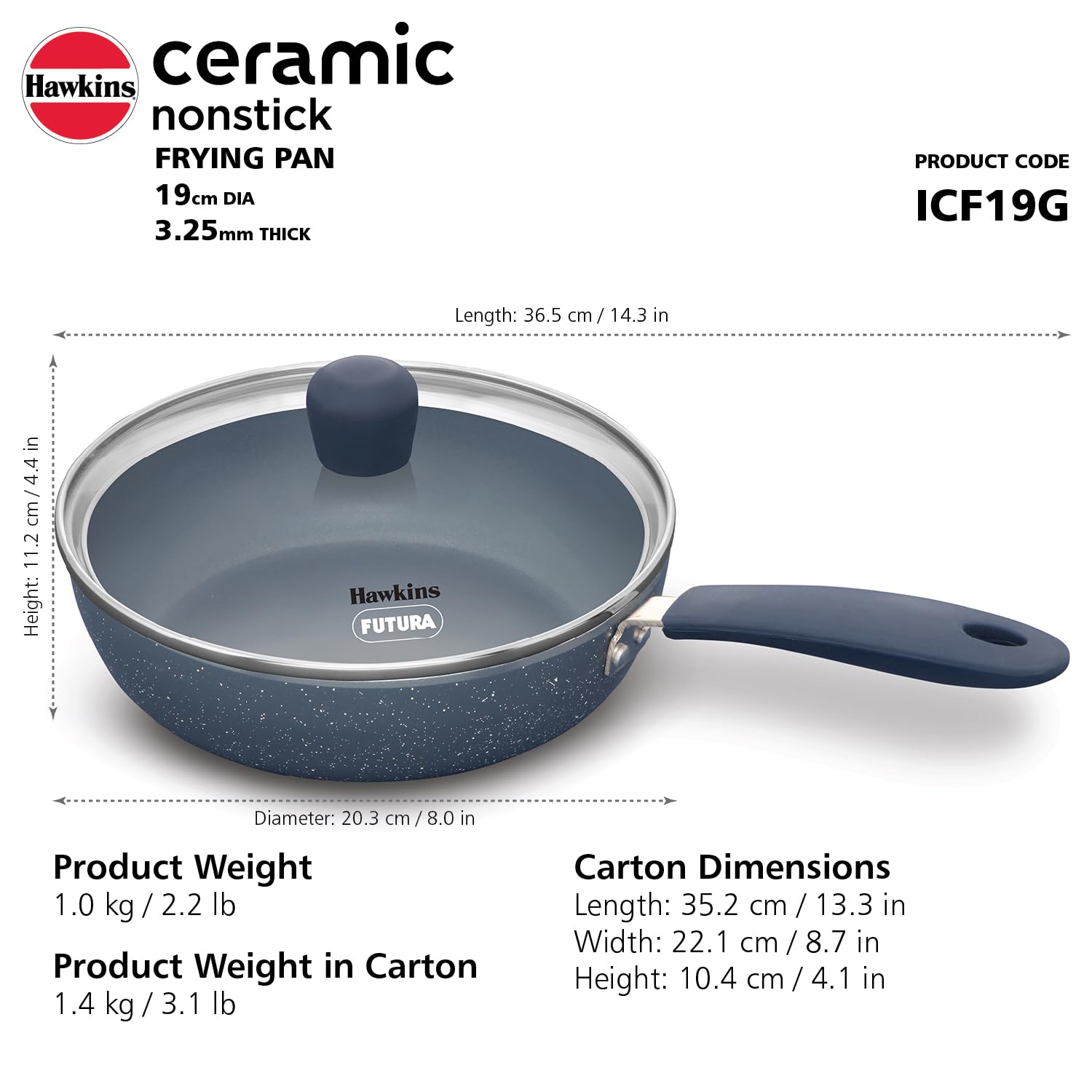 Hawkins Ceramic Nonstick Frying Pan, 19 cm Diameter, Induction Fry Pan with Glass Lid, Granite Omlette Egg Pan (ICF19G)