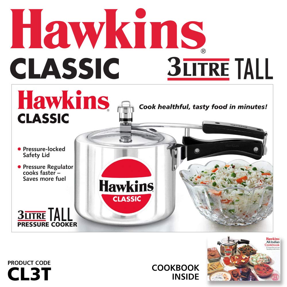 Hawkins Aluminium 3 Litre Classic Pressure Cooker, Tall Design Inner Lid Cooker, Best Cooker, Silver (Cl3T)