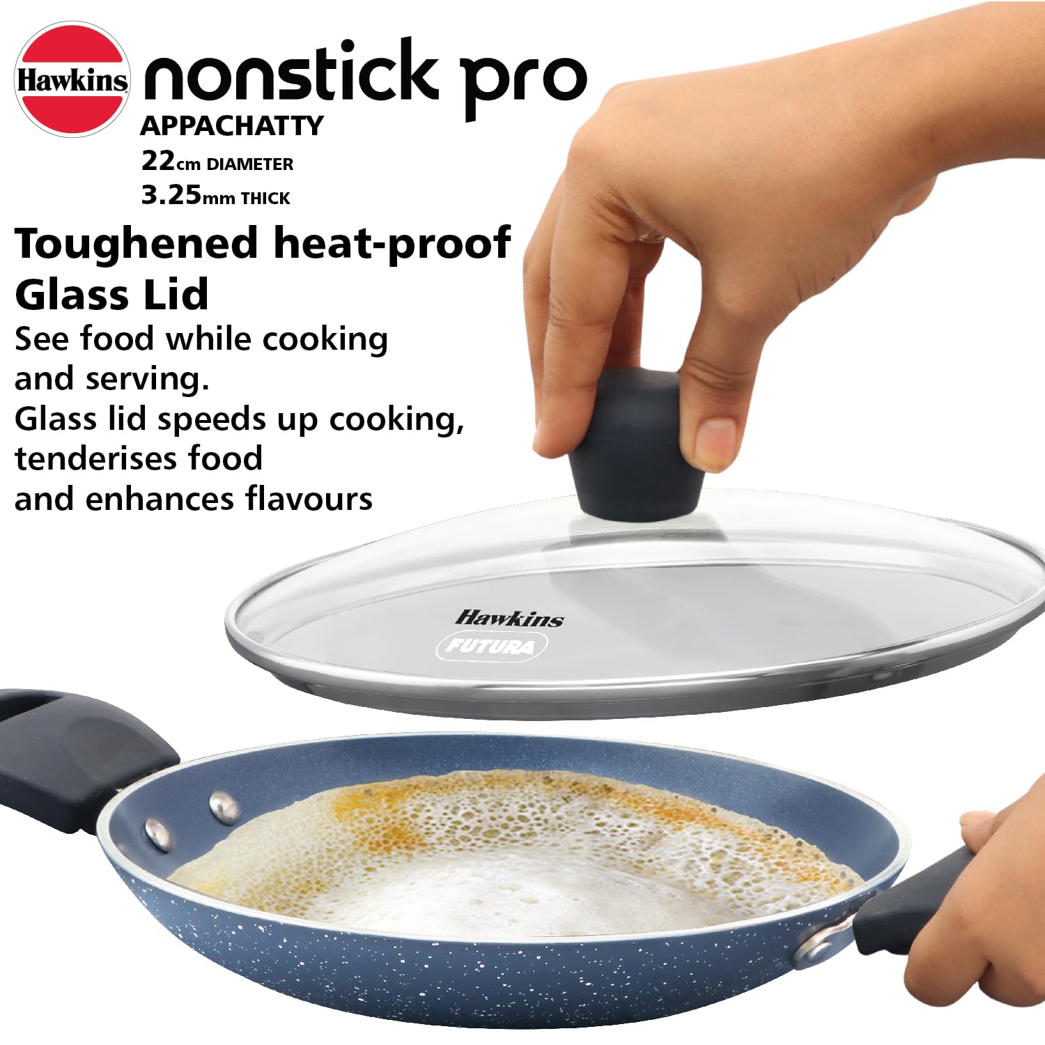 Hawkins Nonstick Pro 0.9 Litre Appachatty, Mini Kadhai, Appachatti, Appachetty, Appam Pot Maker, Deep Fry Pan with Glass Lid, Granite Kadai
