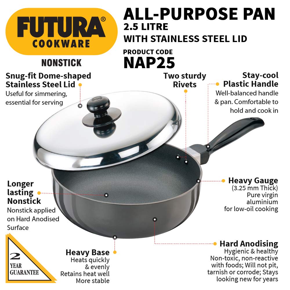 Hawkins Futura Nonstick All-Purpose Pan 2.5L, 22 cm, 3.25 mm with SS lid (Black)