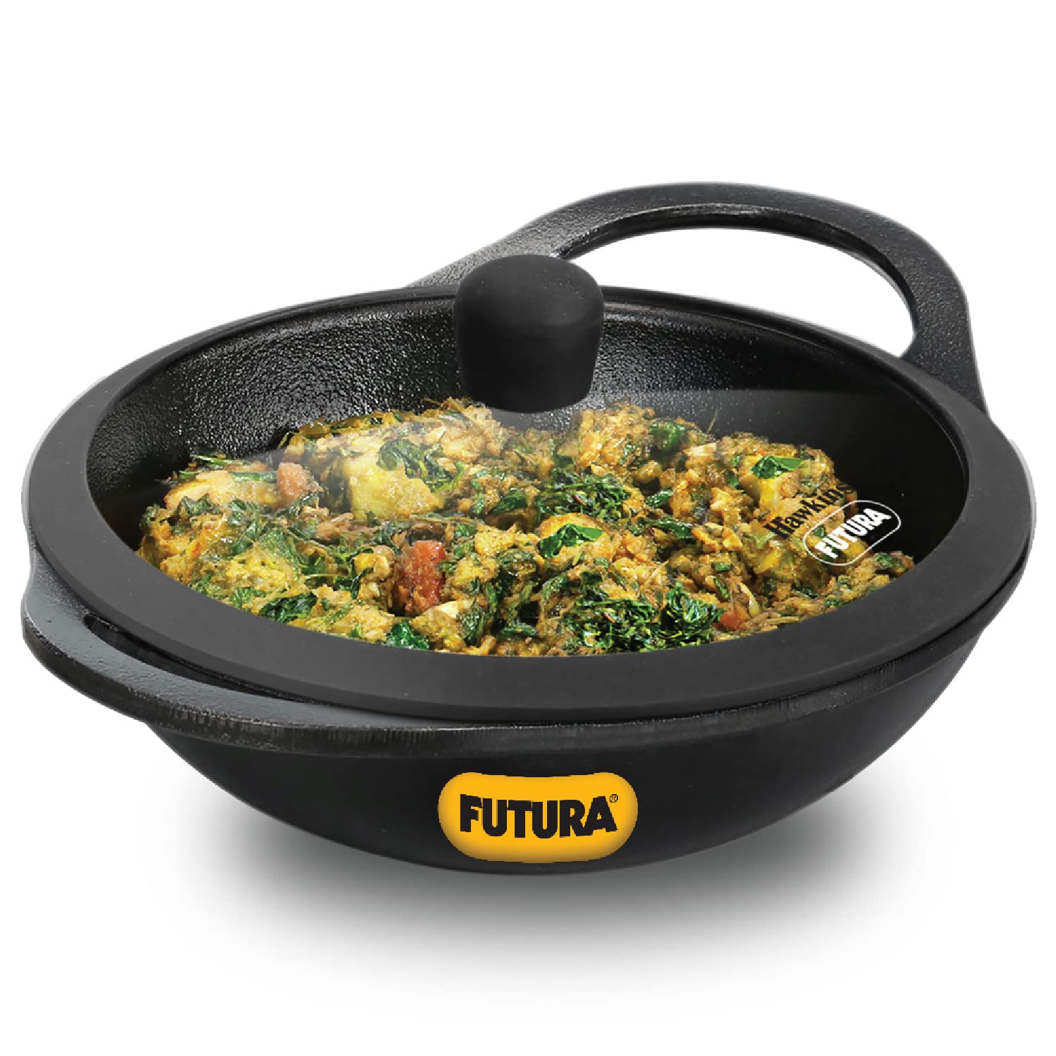 Hawkins Futura 2 Litre Cast Iron Kadhai, Naturally Nonstick Cast Iron Kadai with Glass Lid, Cast Iron Cookware for Kitchen, Black (CIK20G)