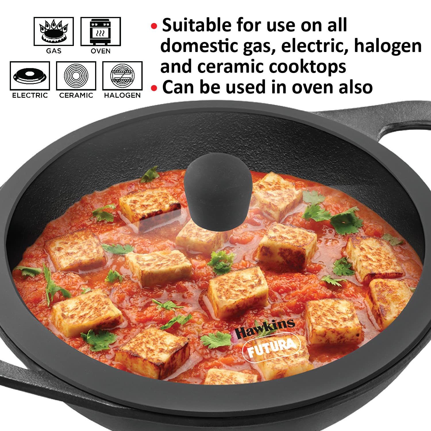 Hawkins Futura 2 Litre Cast Iron Kadhai, Naturally Nonstick Cast Iron Kadai with Glass Lid, Cast Iron Cookware for Kitchen, Black (CIK20G)