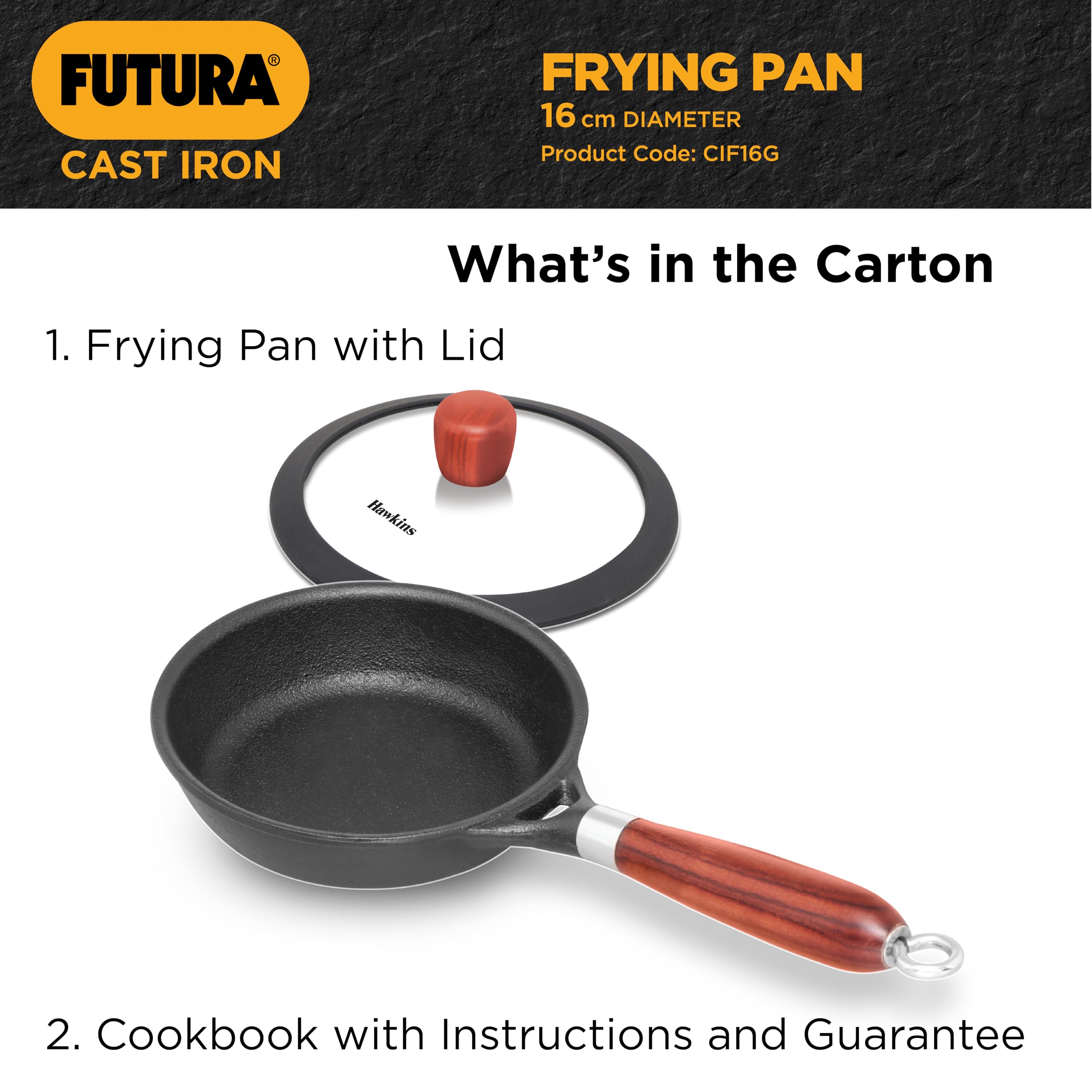 Hawkins Futura 16cm Frying Pan, Cast Iron Frying Pan with Glass Lid and Rosewood Handle, Black (CIF16G)