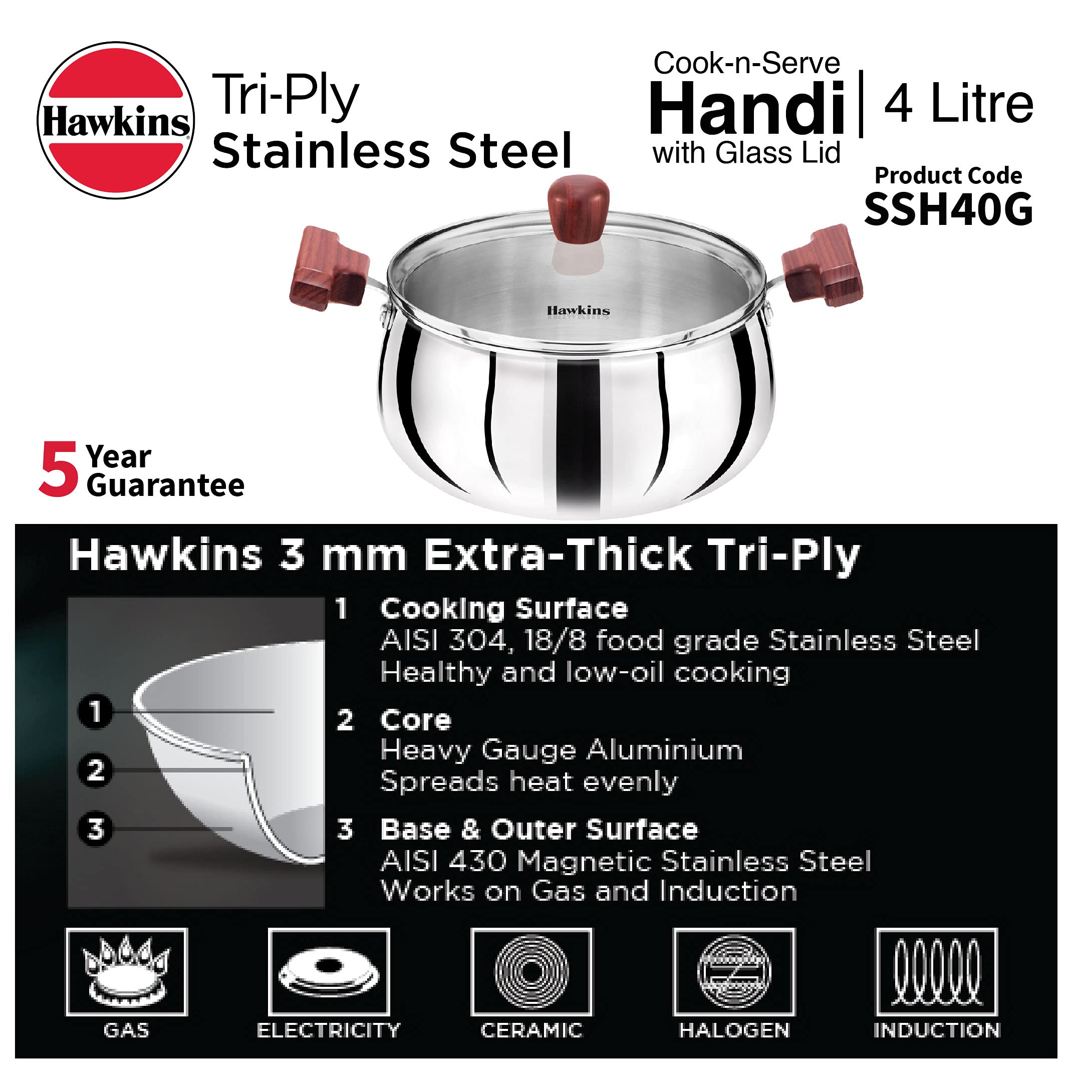 Hawkins 4 Litre Cook n Serve Handi, Triply Stainless Steel Handi with Glass Lid, Induction Sauce Pan, Biryani Handi, Saucepan, Silver (SSH40G)