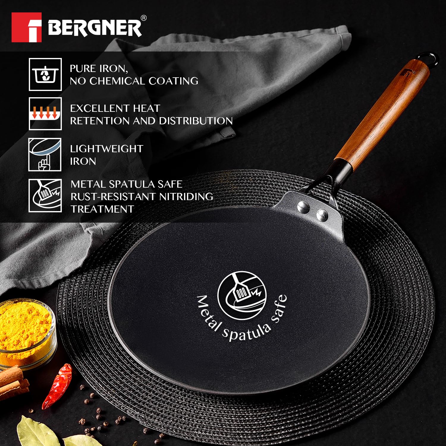 Roti Rust BERGNER Odin 22cm Cast Iron Roti Tawa with Wooden Coated Handle, Loha ...