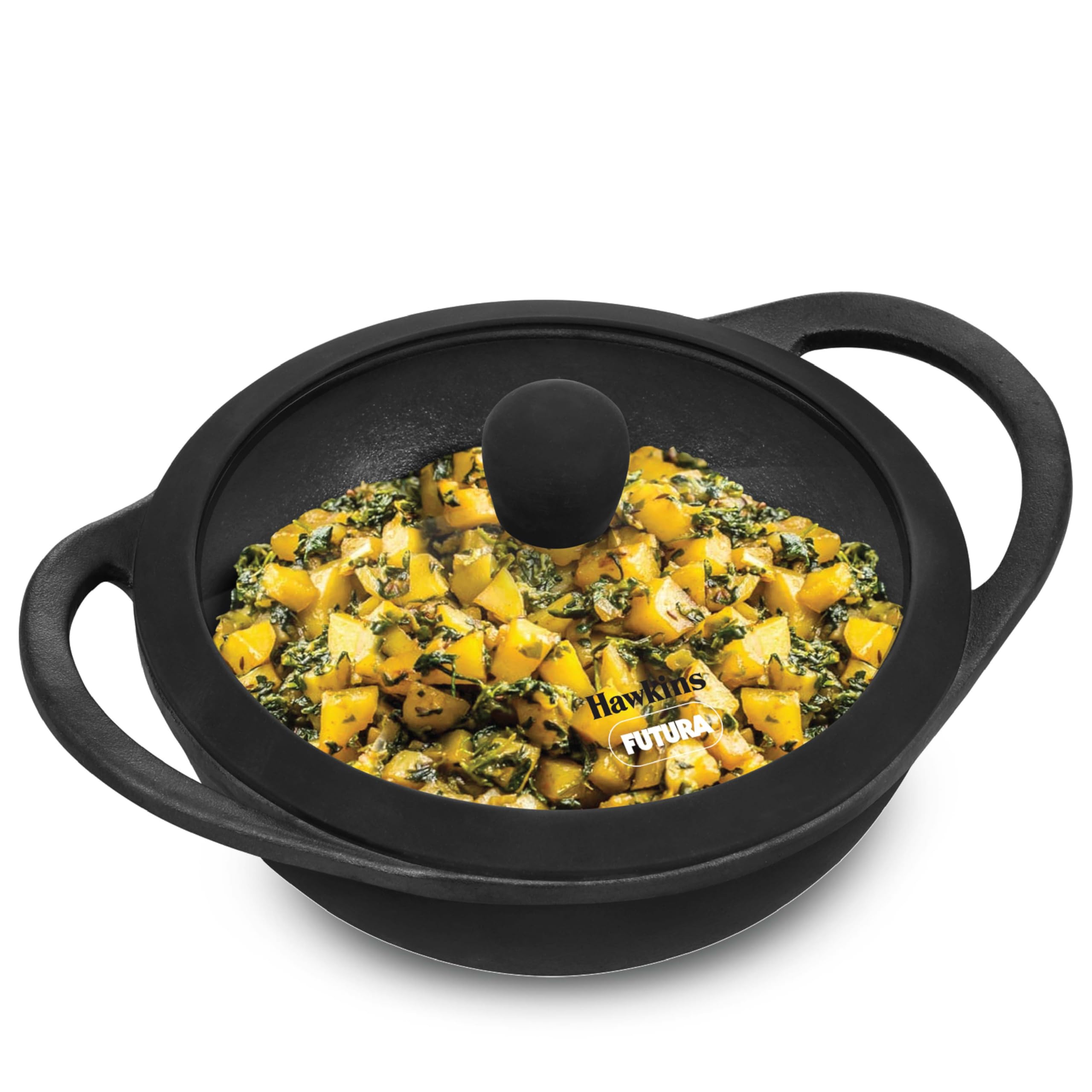 Hawkins Futura 1.5 Litre Cast Iron Kadhai, Naturally Nonstick Cast Iron Kadai with Glass Lid, Cast Iron Cookware for Kitchen, Black (CIK15G)