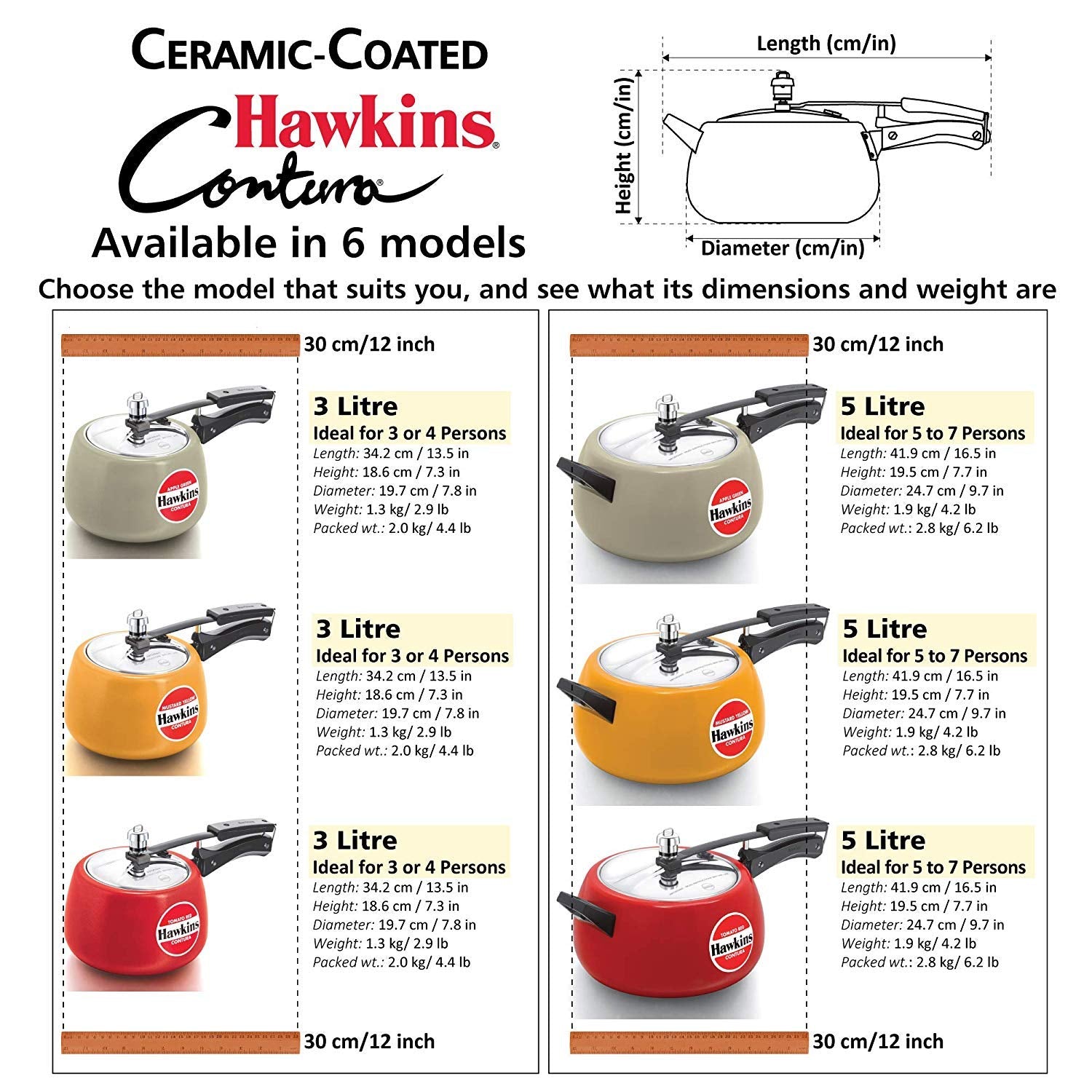 Hawkins 3 Litre Contura Pressure Cooker, Ceramic Coated Handi Inner Lid Cooker, Tomato Red (CTR30)