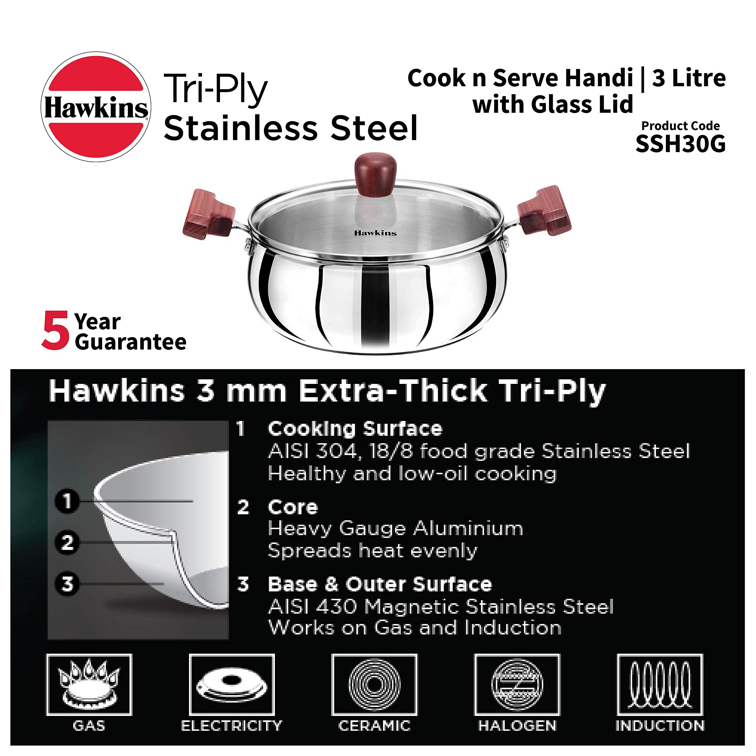 Hawkins 3 Litre Cook n Serve Handi, Triply Stainless Steel Handi with Glass Lid, Induction Sauce Pan, Biryani Handi, Saucepan, Silver (SSH30G)