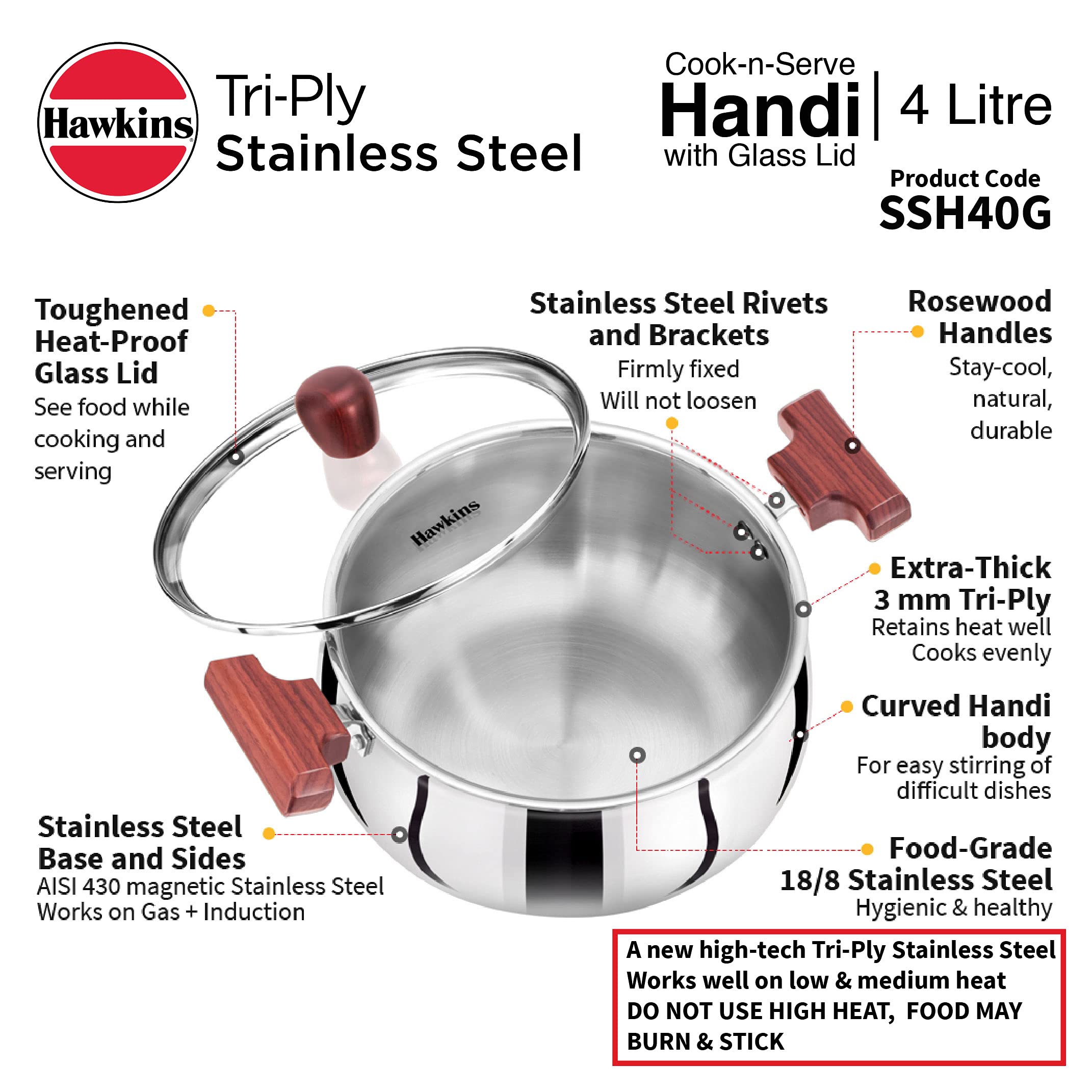 Hawkins 4 Litre Cook n Serve Handi, Triply Stainless Steel Handi with Glass Lid, Induction Sauce Pan, Biryani Handi, Saucepan, Silver (SSH40G)