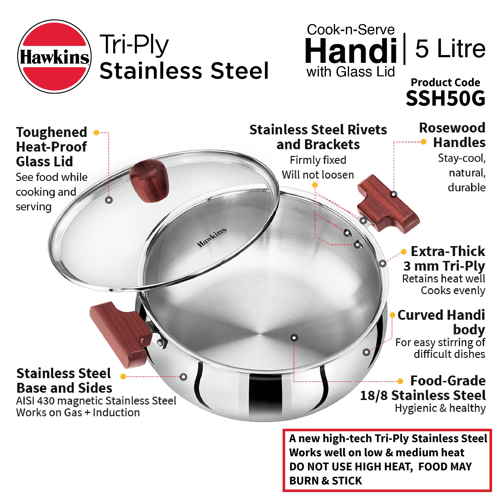 Hawkins 5 Litre Cook n Serve Handi, Triply Stainless Steel Handi with Glass Lid, Induction Sauce Pan, Biryani Handi, Saucepan, Silver (SSH50G)