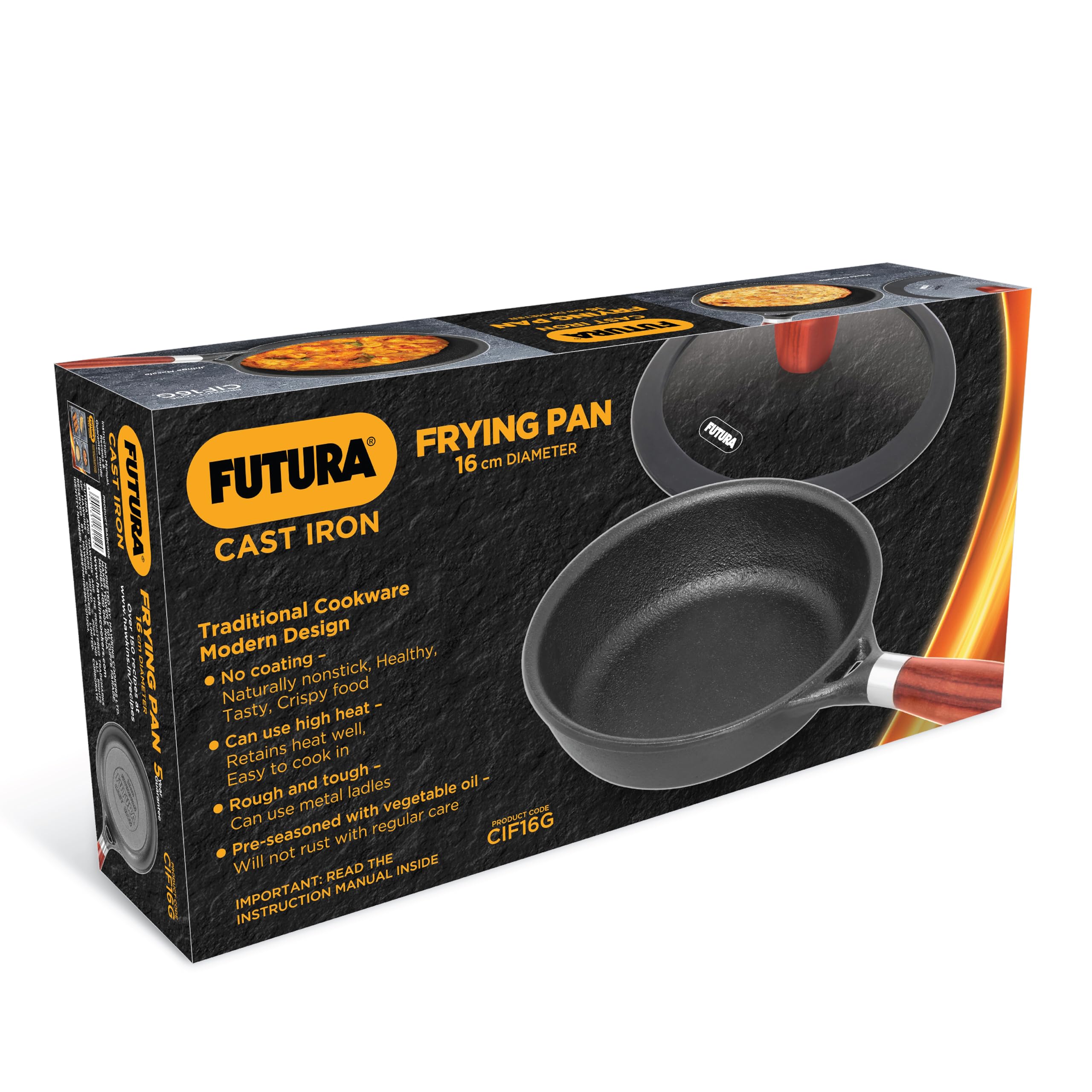 Hawkins Futura 16cm Frying Pan, Cast Iron Frying Pan with Glass Lid and Rosewood Handle, Black (CIF16G)